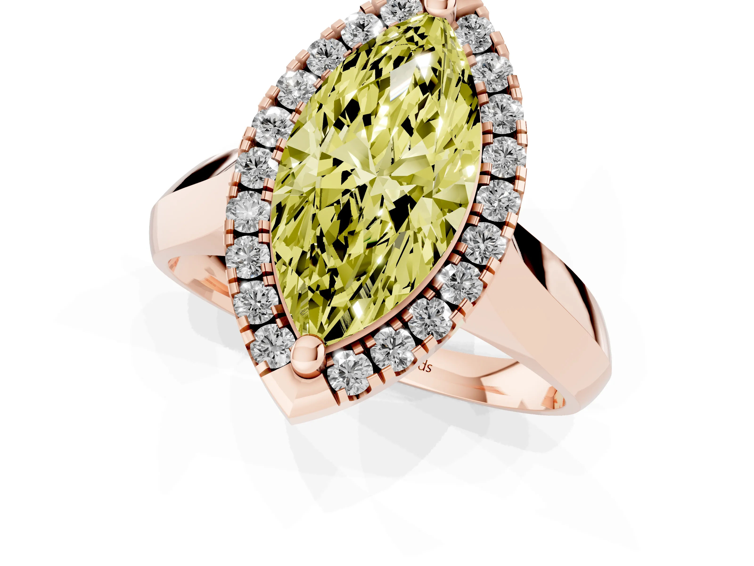 Fancy Yellow Marquise Cut Diamond Halo Solitaire Engagement Ring Set in Rose gold with Square Band and Prong Setting