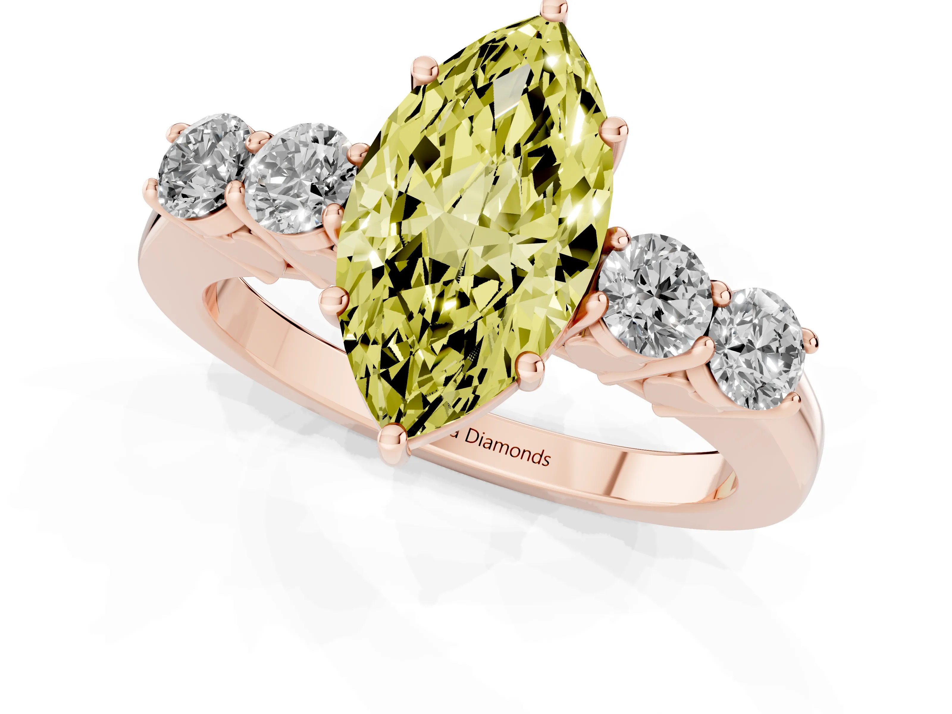 Fancy Yellow Marquise Cut Diamond Five-Stone Prong Set Band Ring Set in Rose gold with Polished Band