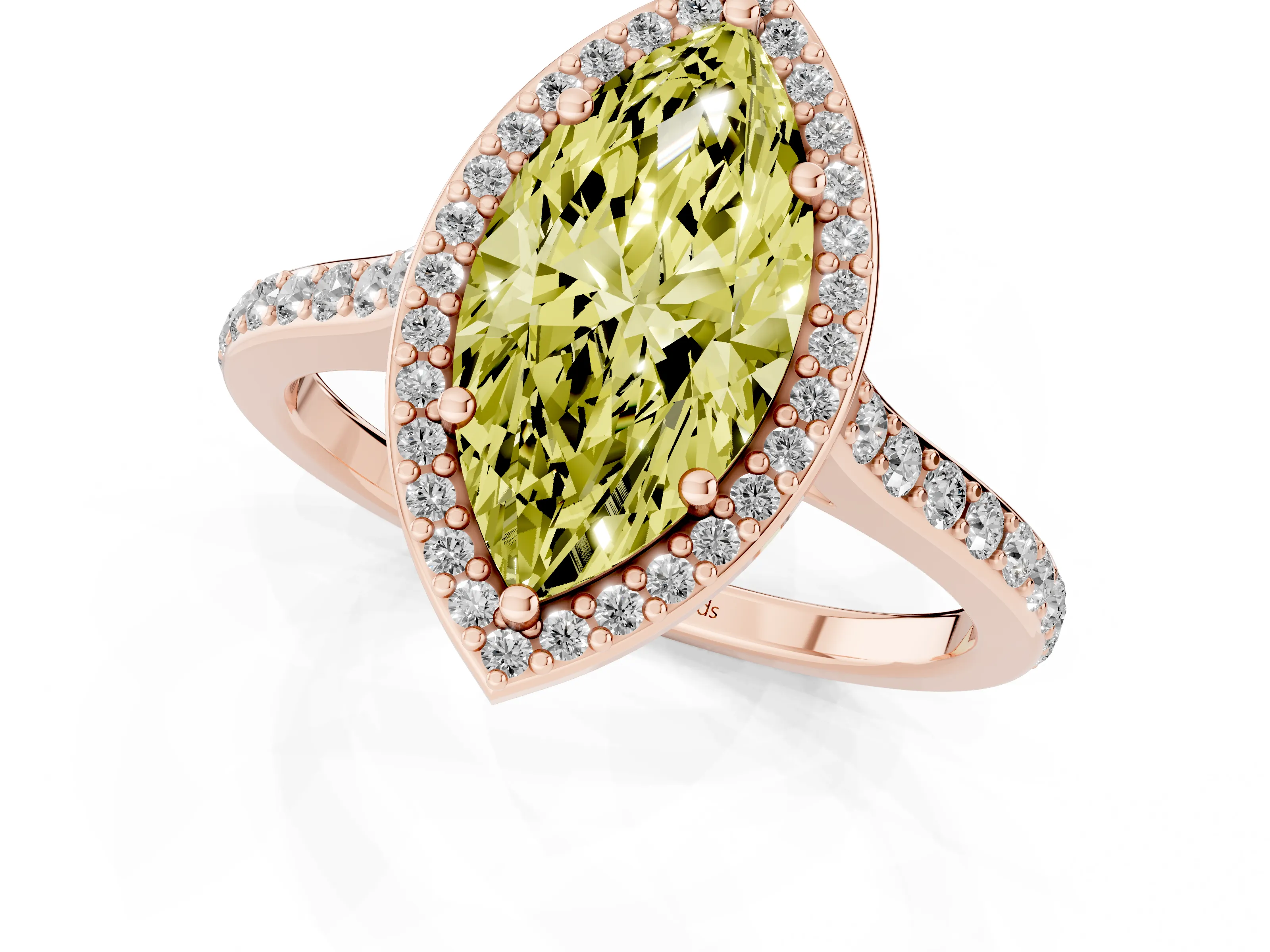 Fancy Yellow Marquise Cut Diamond Halo Engagement Ring Set in Rose gold with Round Pavé Shoulders and Heart Gallery