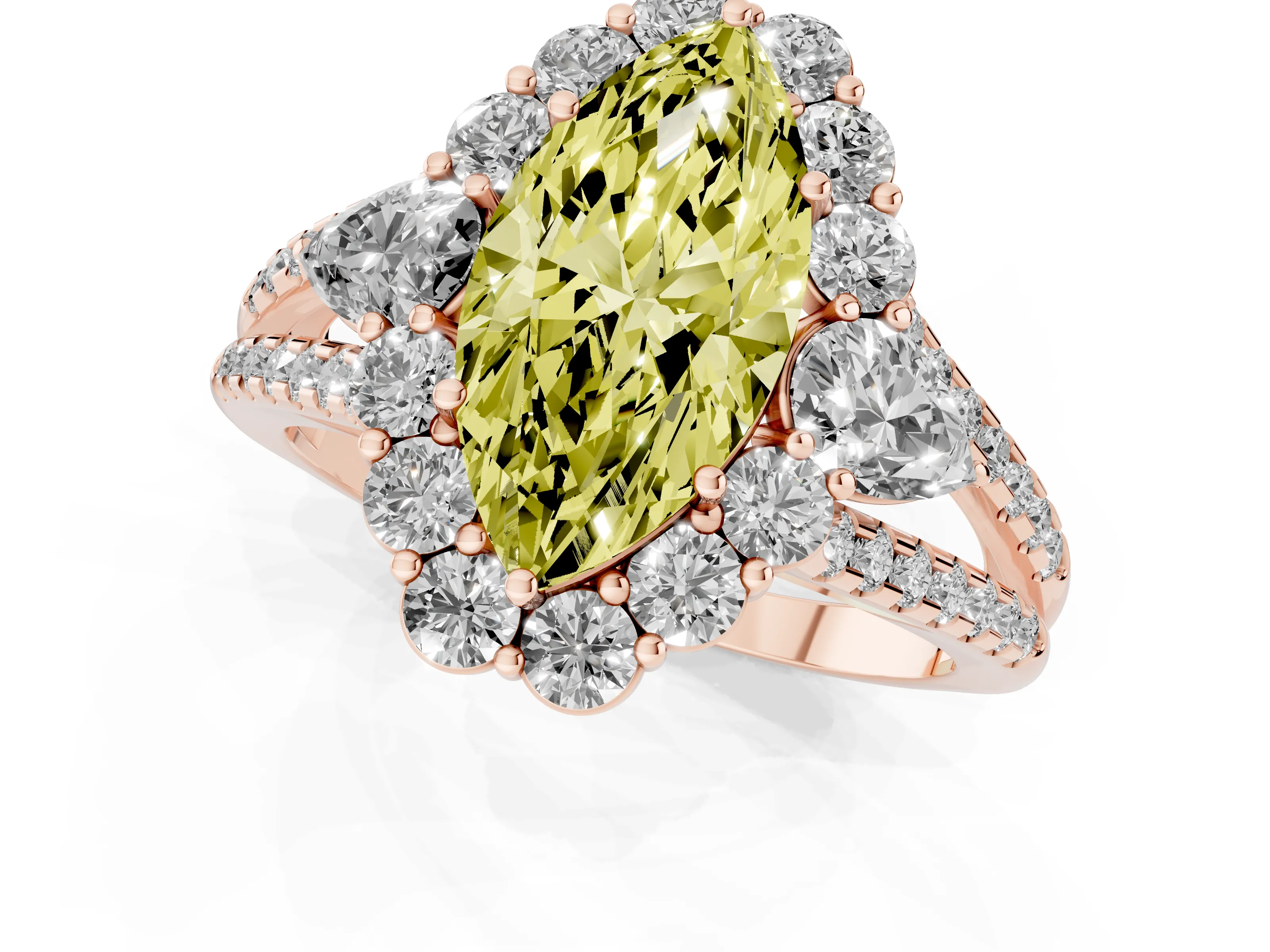 Fancy Yellow Marquise Cut Diamond Halo Split Shank Engagement Ring Set in Rose gold with Prong-Held Center Stone