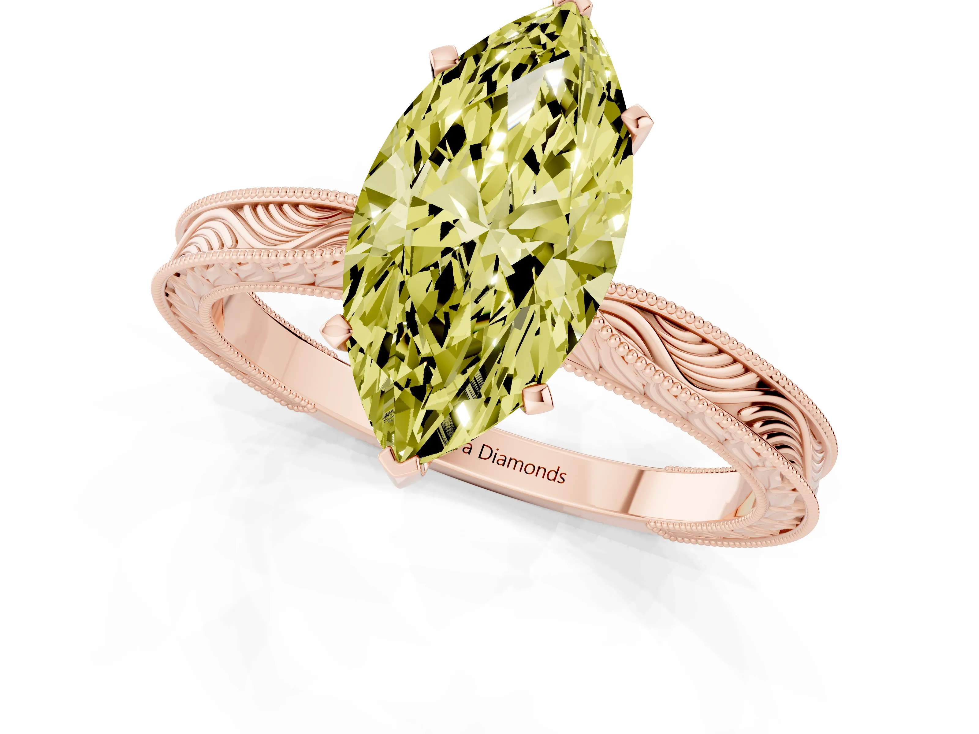 Fancy Yellow Marquise Cut Diamond Solitaire Milgrain Engraved Band Set in Rose gold with Prong Setting