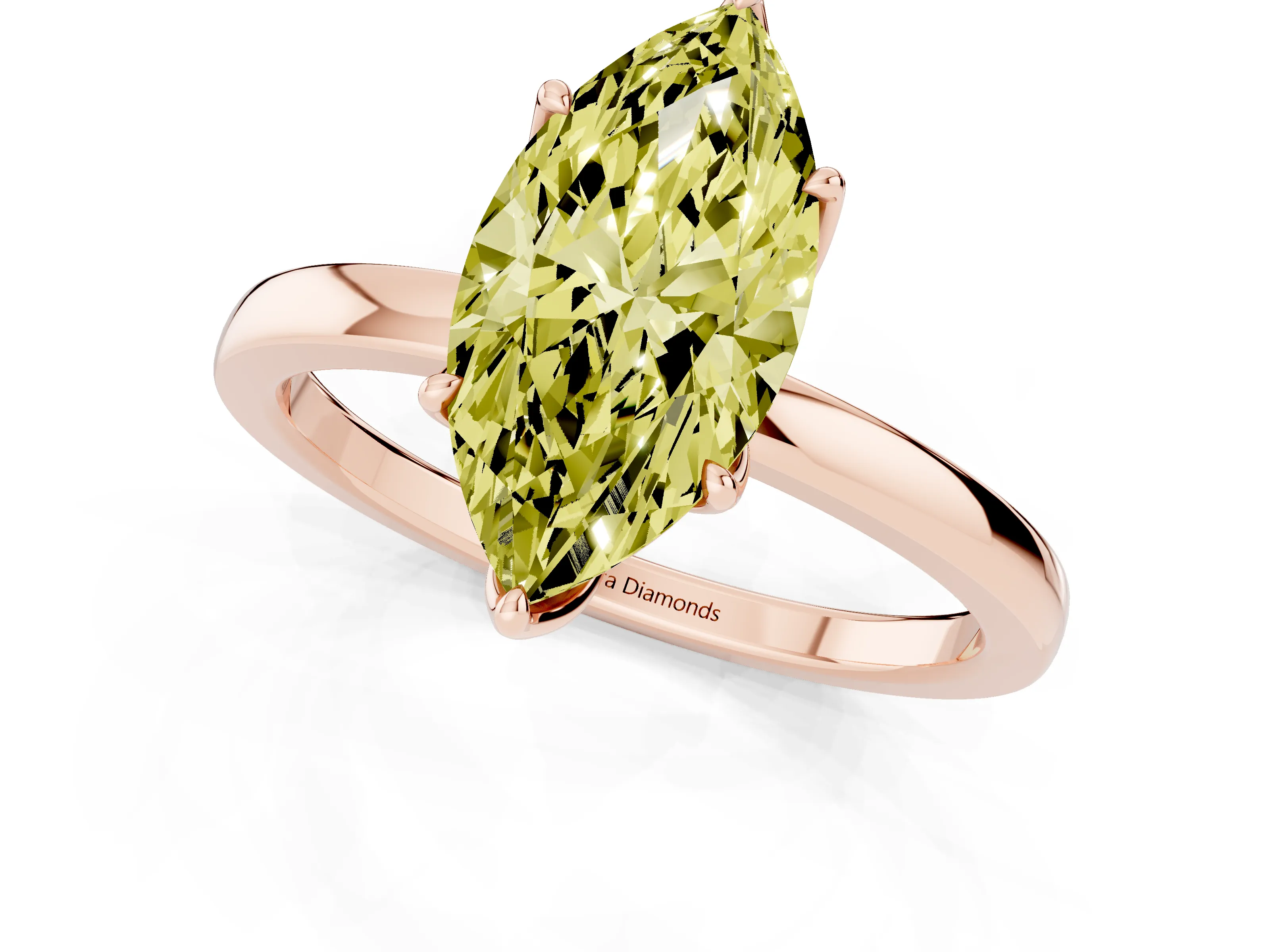 Fancy Yellow Marquise Cut Diamond Solitaire Ring Set in Rose gold with Prong Setting and Thin Polished Band