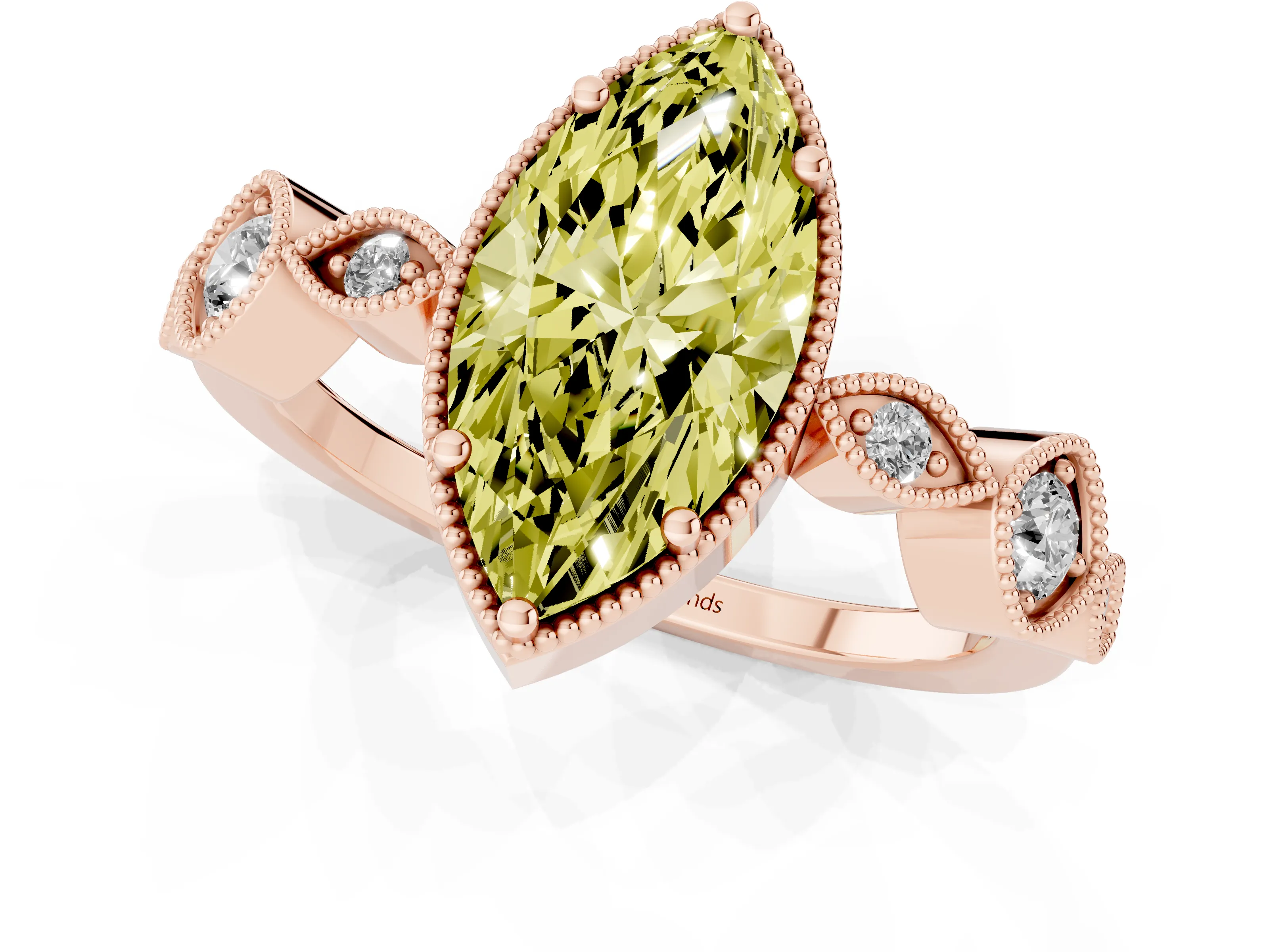 Fancy Yellow Marquise Cut Diamond Vintage-Inspired Milgrain Ring Set in Rose gold with Marquise Stations of Round Accents