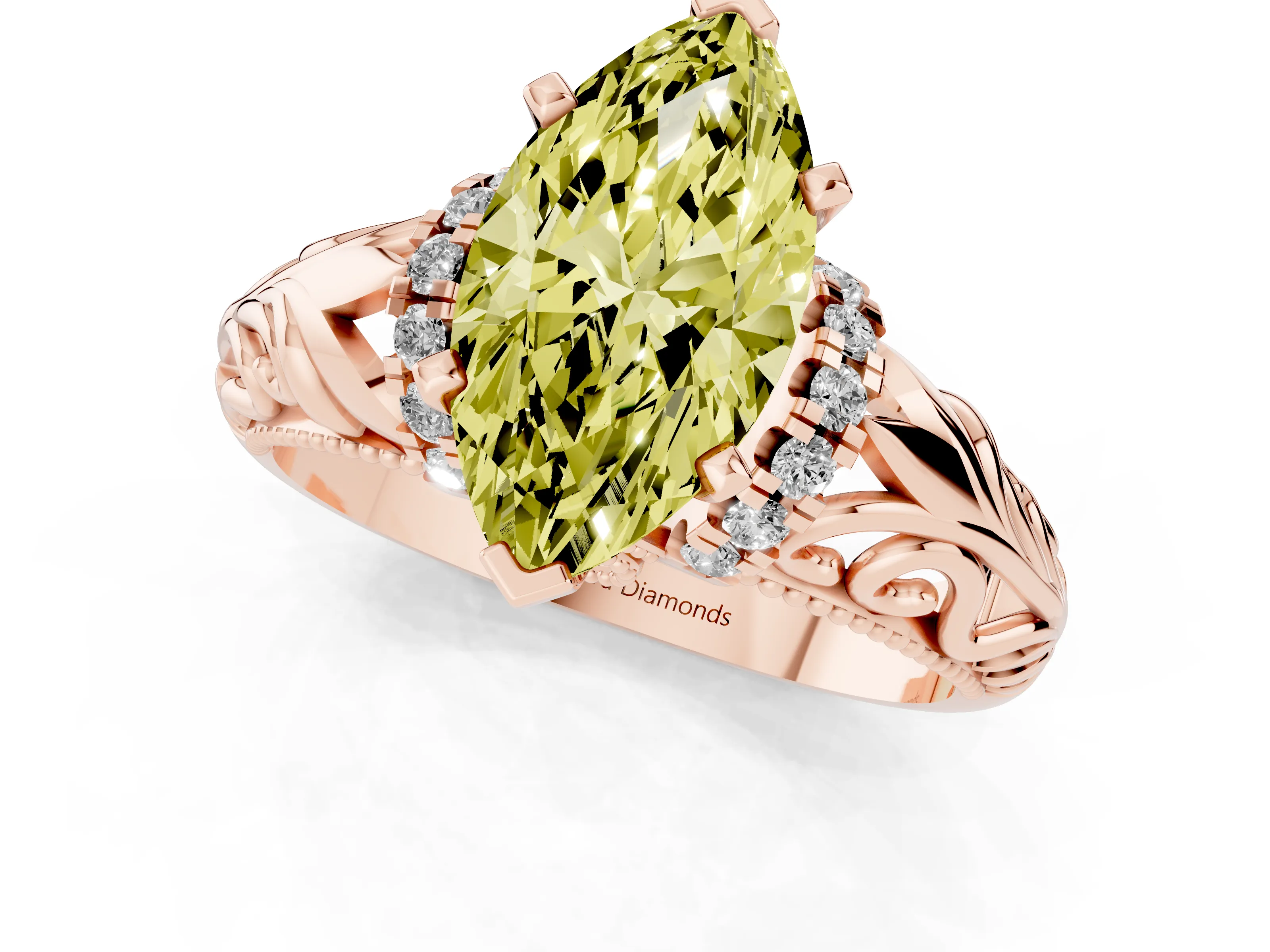 Fancy Yellow Marquise Cut Diamond Filigree Halo Engagement Ring Set in Rose gold with Prong Setting