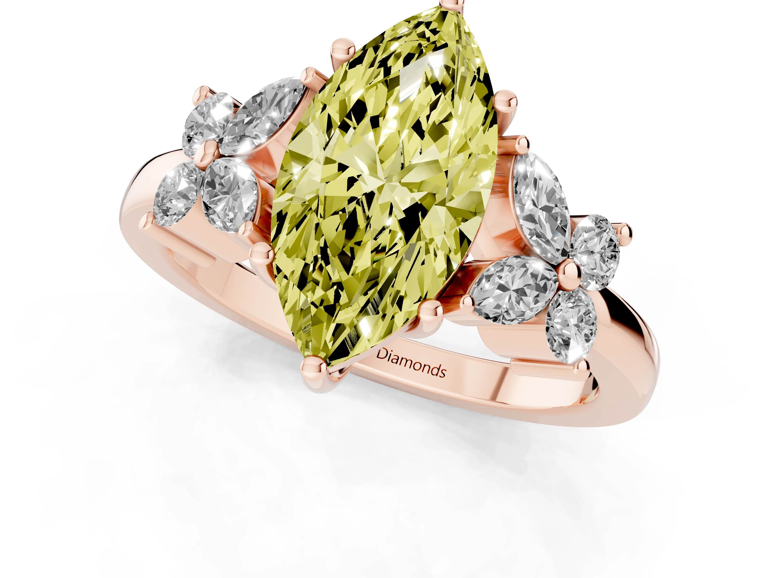 Fancy Yellow Marquise Cut Diamond Floral Cluster Ring Set in Rose gold with Marquise Petals and Prong Setting