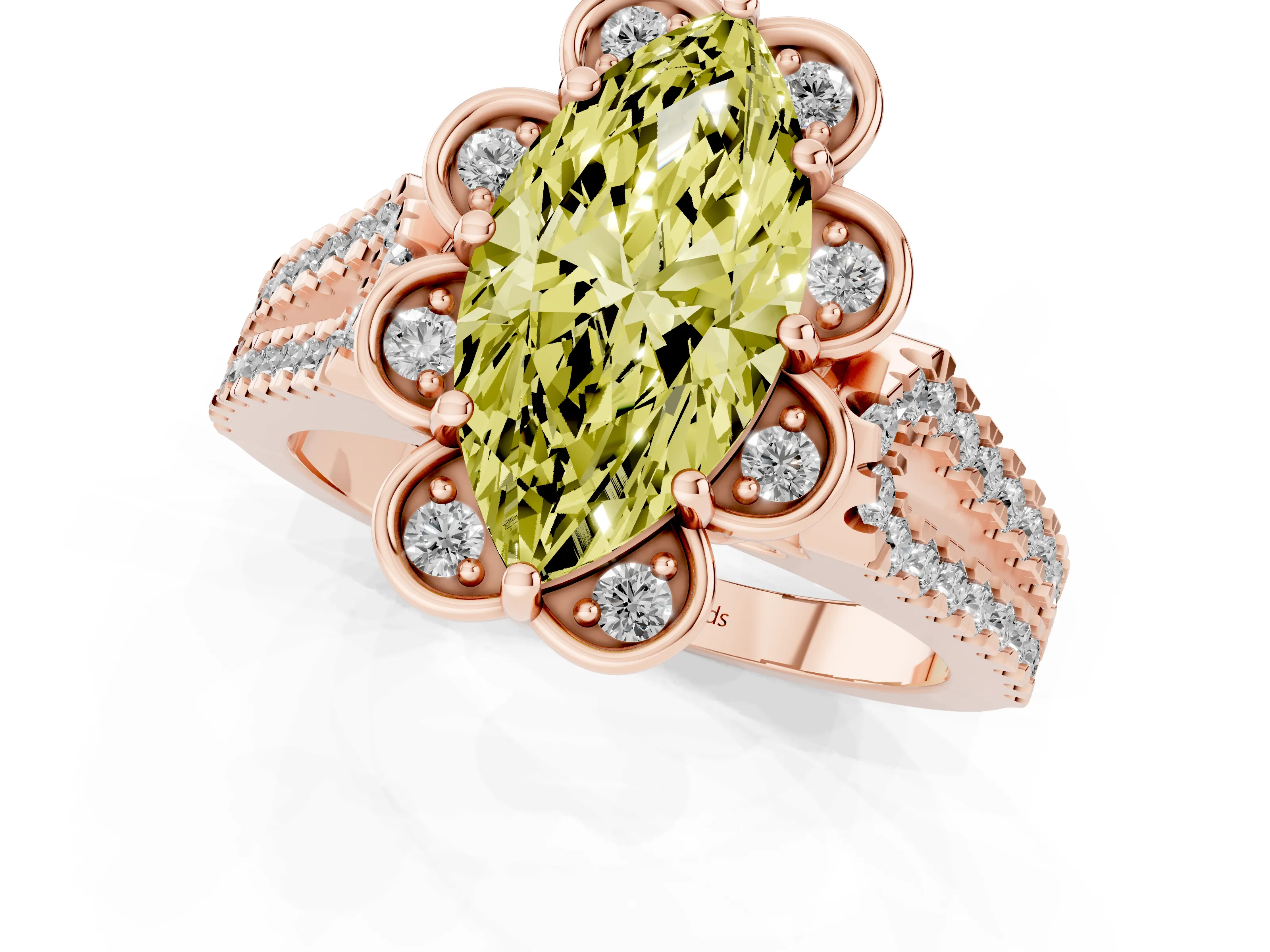 Fancy Yellow Marquise Cut Diamond Floral Halo Split Shank Engagement Ring Set in Rose gold with Pavé Shank