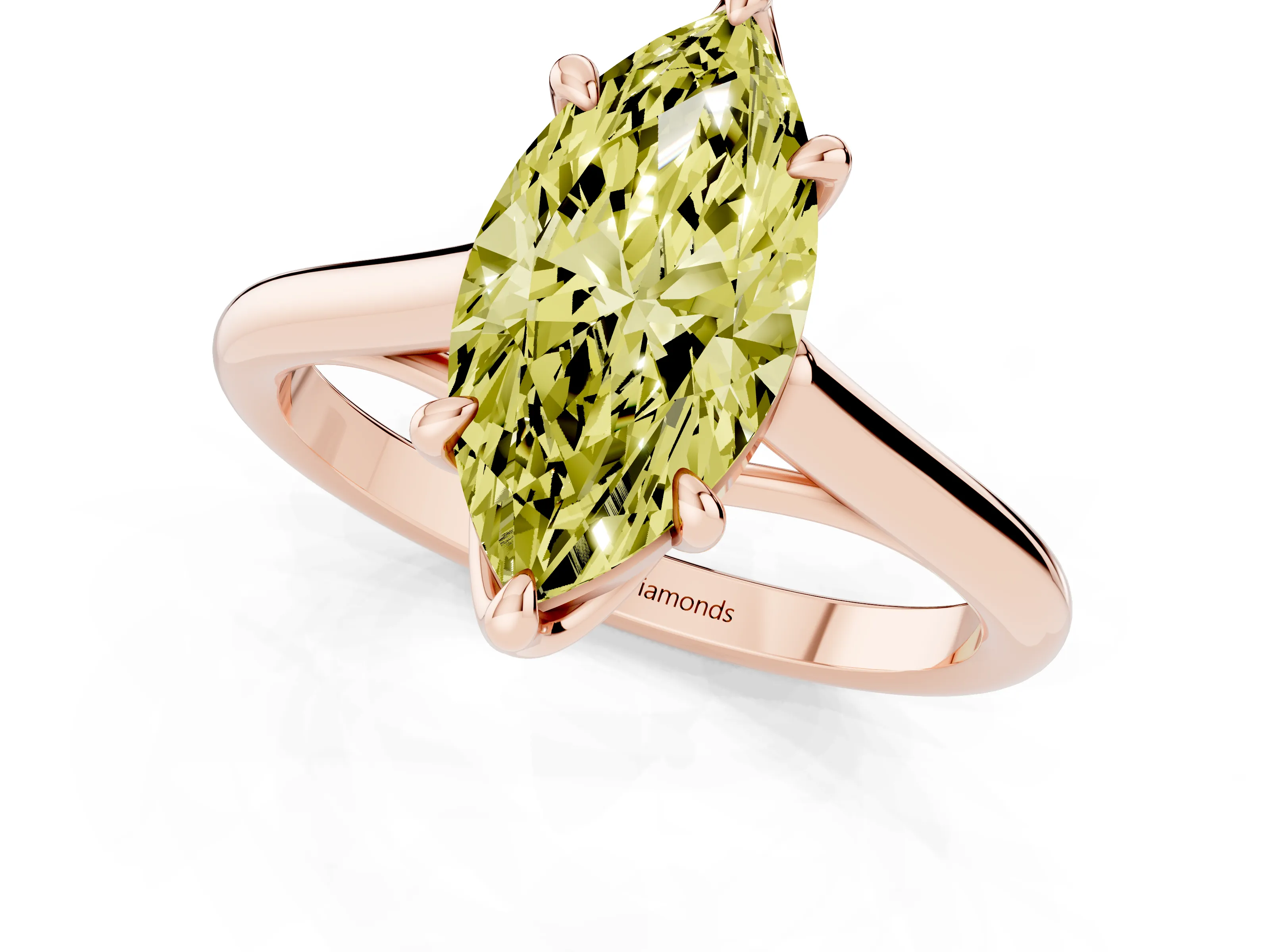 Fancy Yellow Marquise Cut Diamond Solitaire Engagement Ring Set in Rose gold with Prong Setting and Plain Classic Band