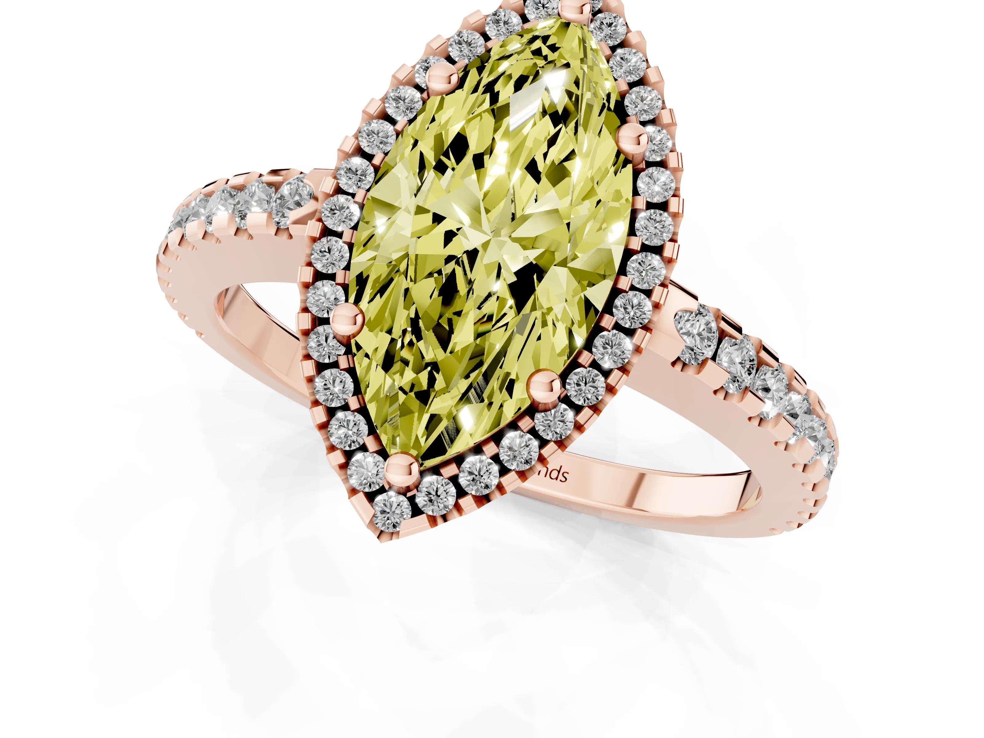 Fancy Yellow Marquise Cut Diamond Halo Ring Set in Rose gold with Pavé Shoulders and Halo-Framed Center