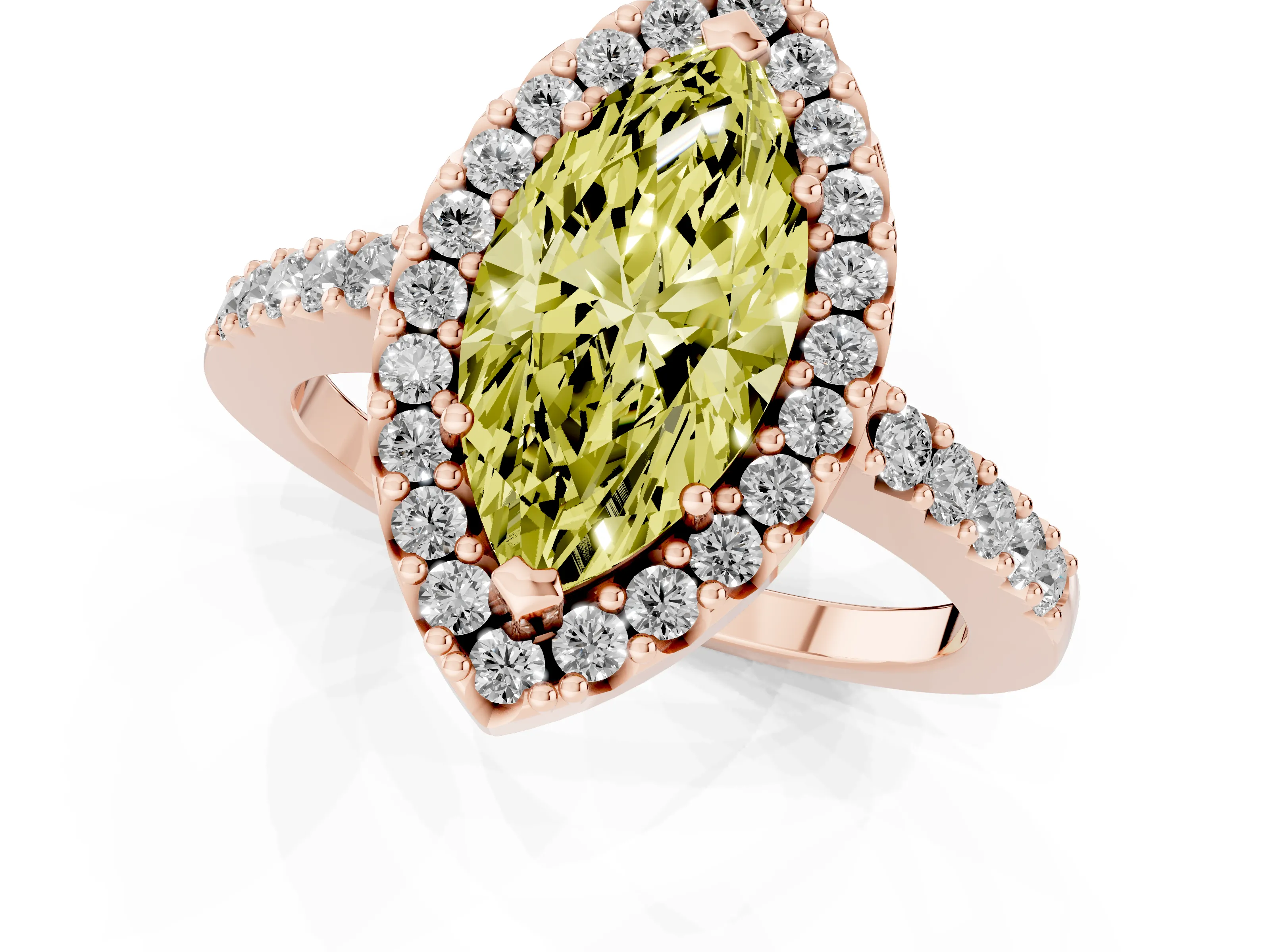 Fancy Yellow Marquise Cut Diamond Halo Pavé Solitaire Ring Set in Rose gold with Prong-Set Center Stone