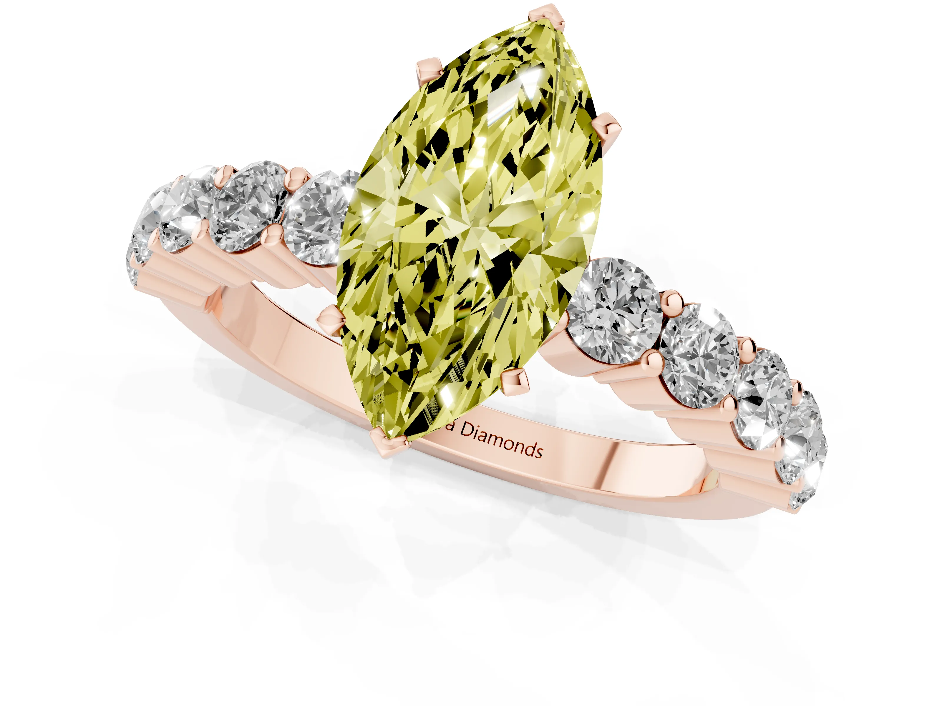 Fancy Yellow Marquise Cut Diamond Solitaire Ring Set in Rose gold with Shared Prong Round Side Stones