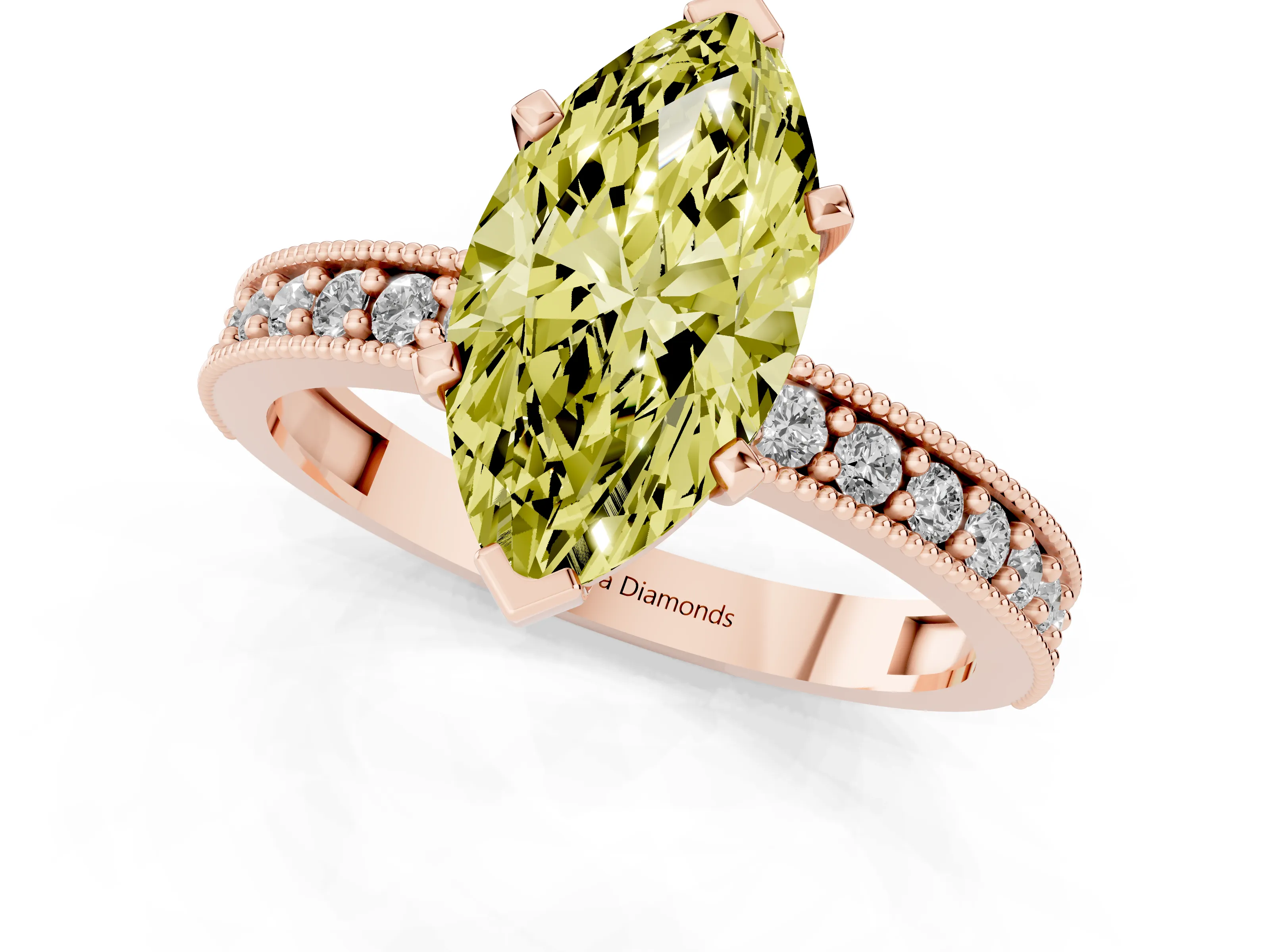 Fancy Yellow Marquise Cut Diamond Milgrain Pavé Engagement Ring Set in Rose gold with Prong Setting
