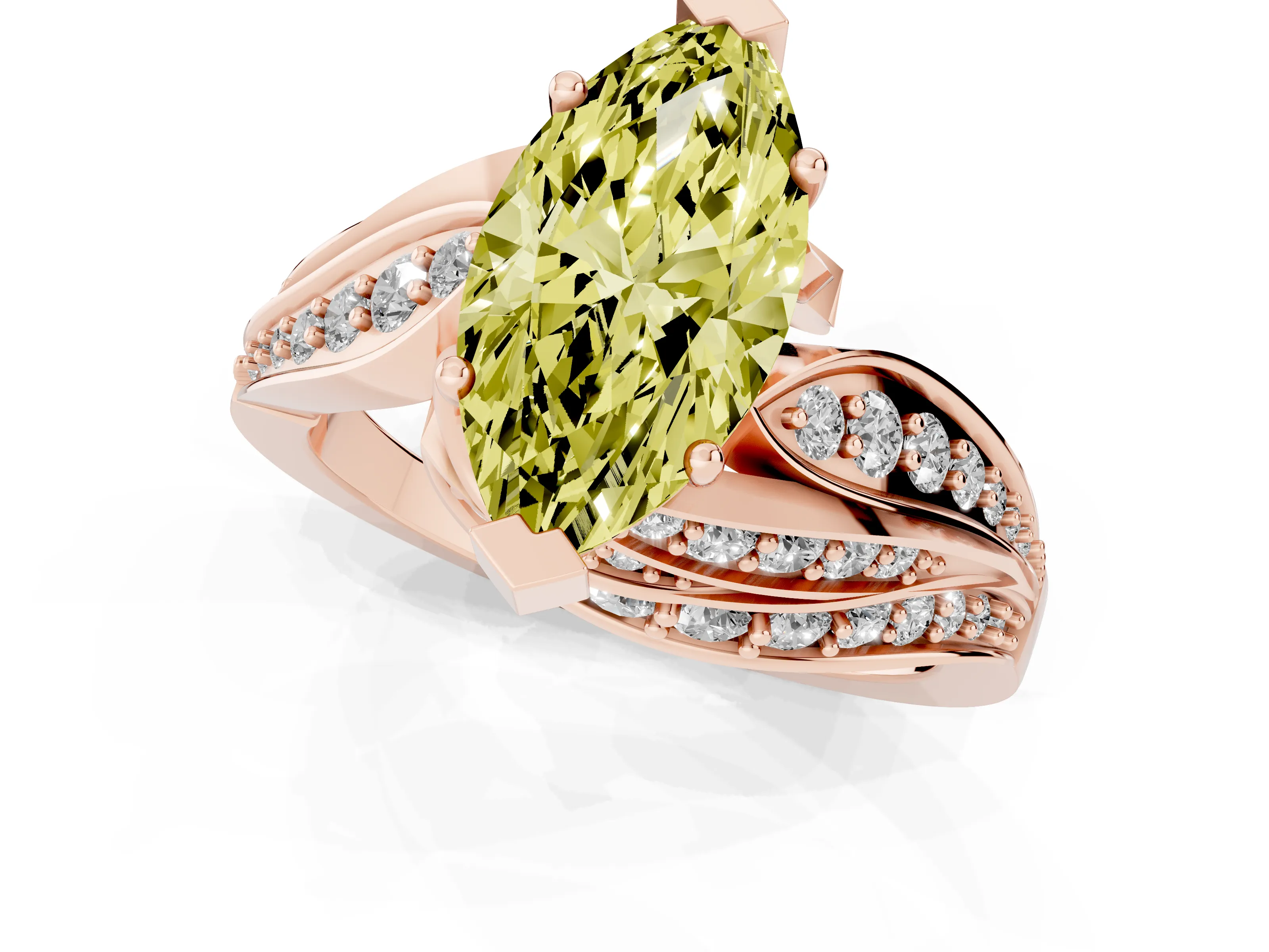 Fancy Yellow Marquise Cut Diamond Solitaire Ring Set in Rose gold with Layered Twist Pavé Band
