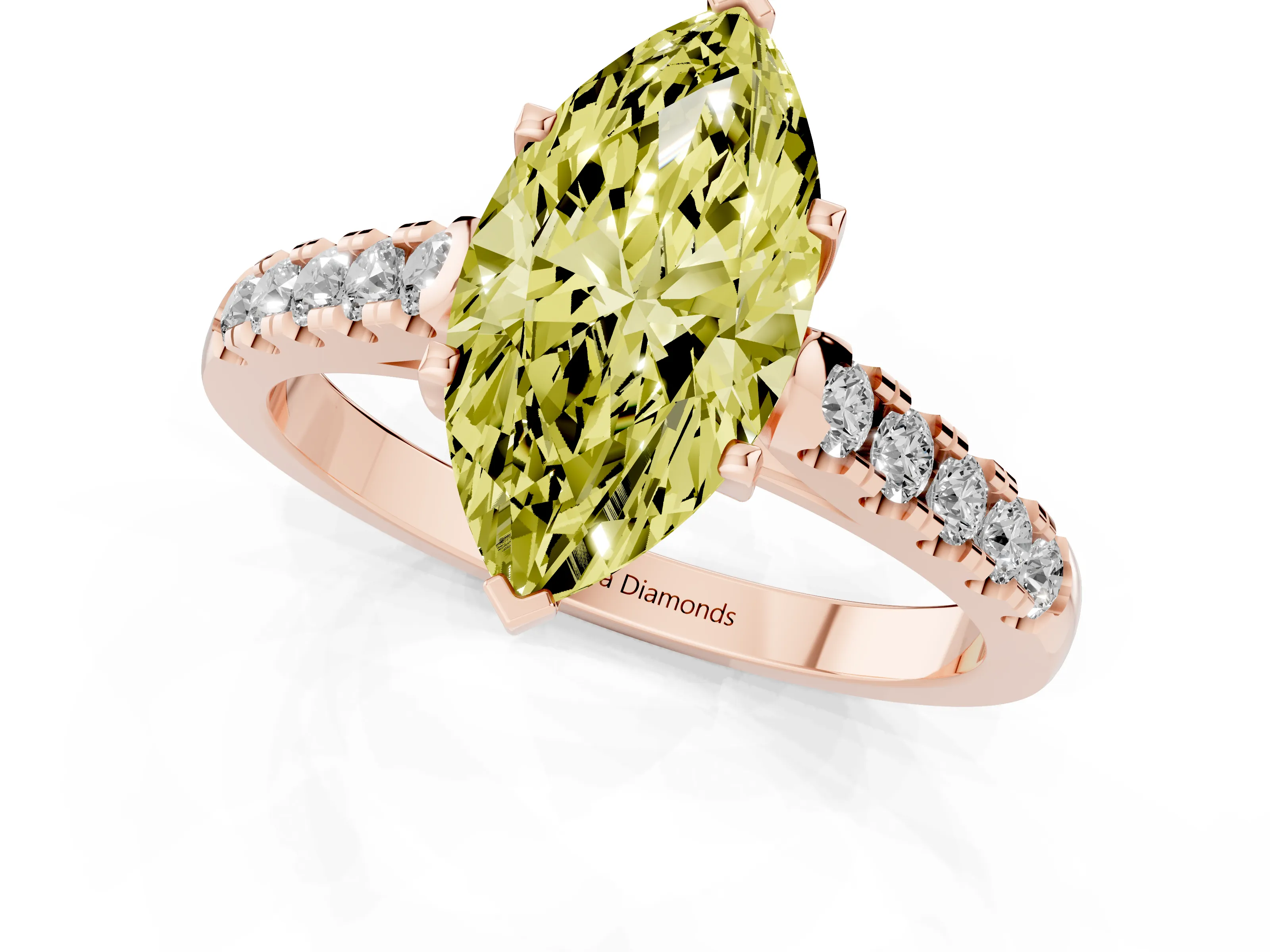 Fancy Yellow Marquise Cut Diamond Pavé Band Solitaire Ring Set in Rose gold with Partway Accent Stones and Prong Setting
