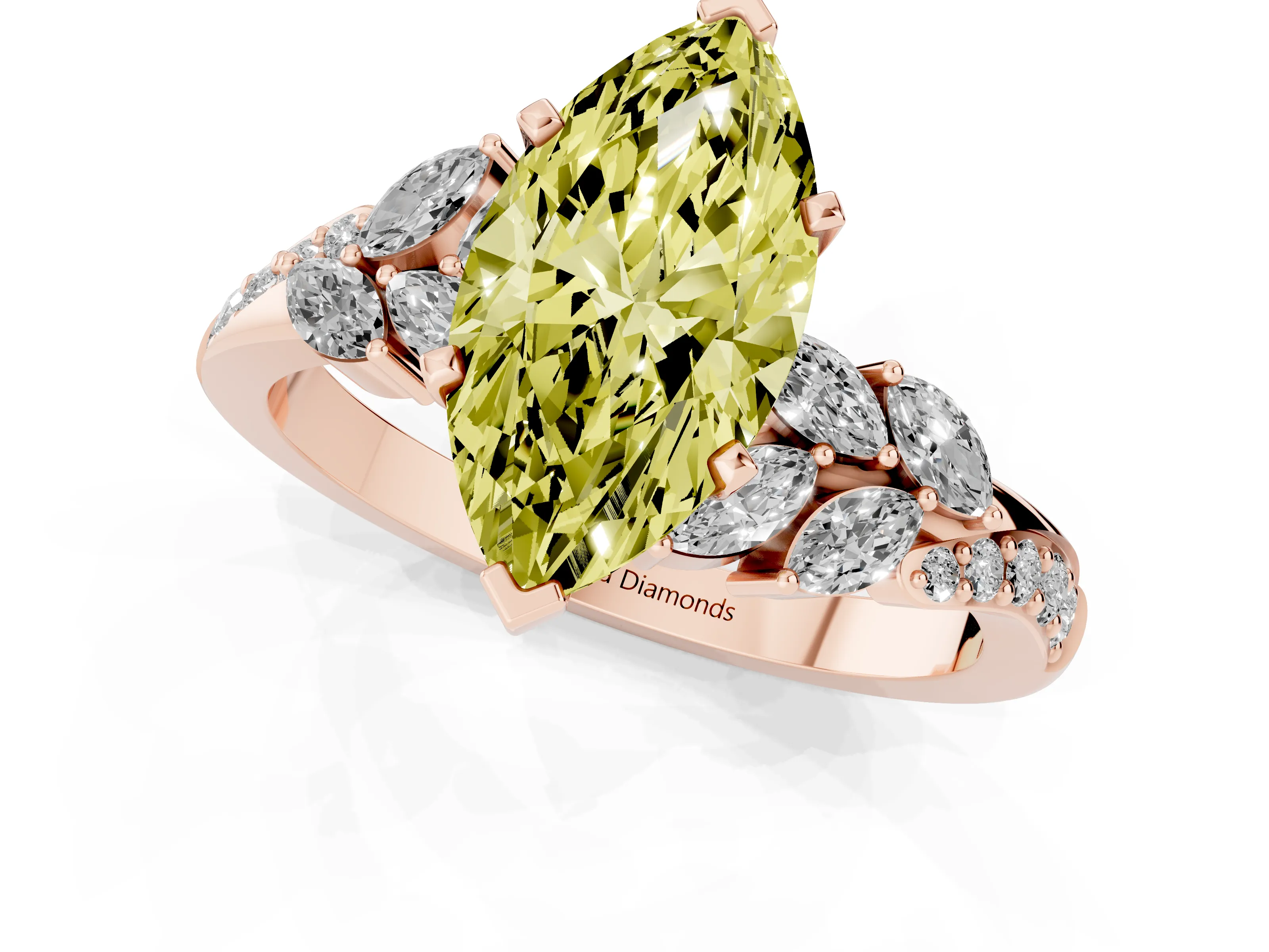 Fancy Yellow Marquise Cut Diamond Solitaire Ring Set in Rose gold with Marquise Twist Band and Prong Setting