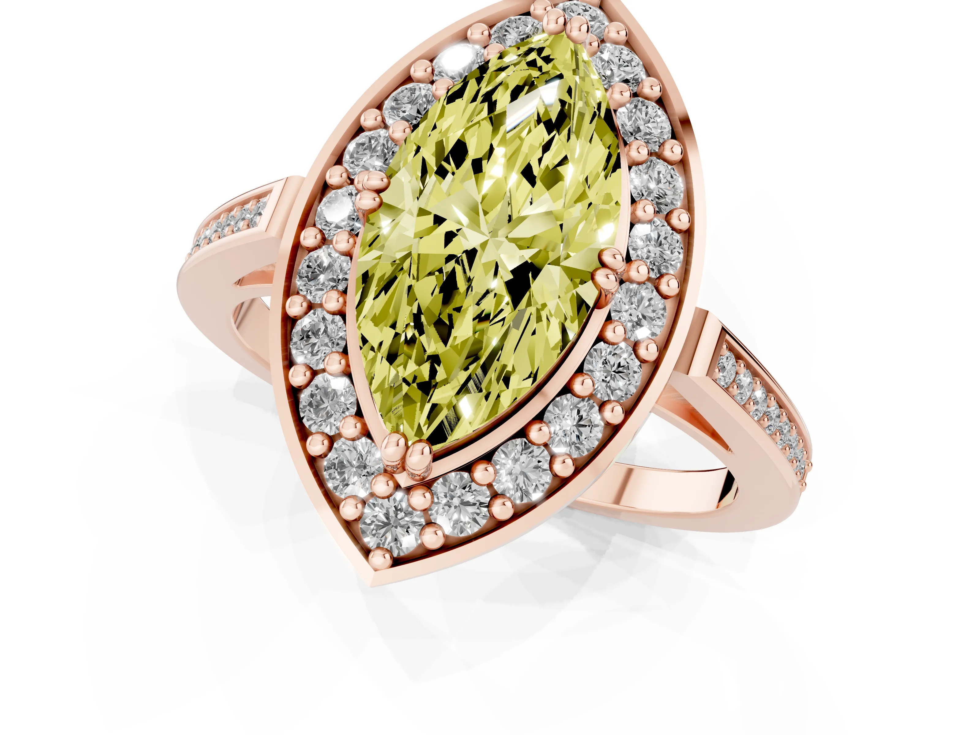 Fancy Yellow Marquise Cut Diamond Halo Ring Set in Rose gold with Accent-Lined Split Shank and Prong Setting