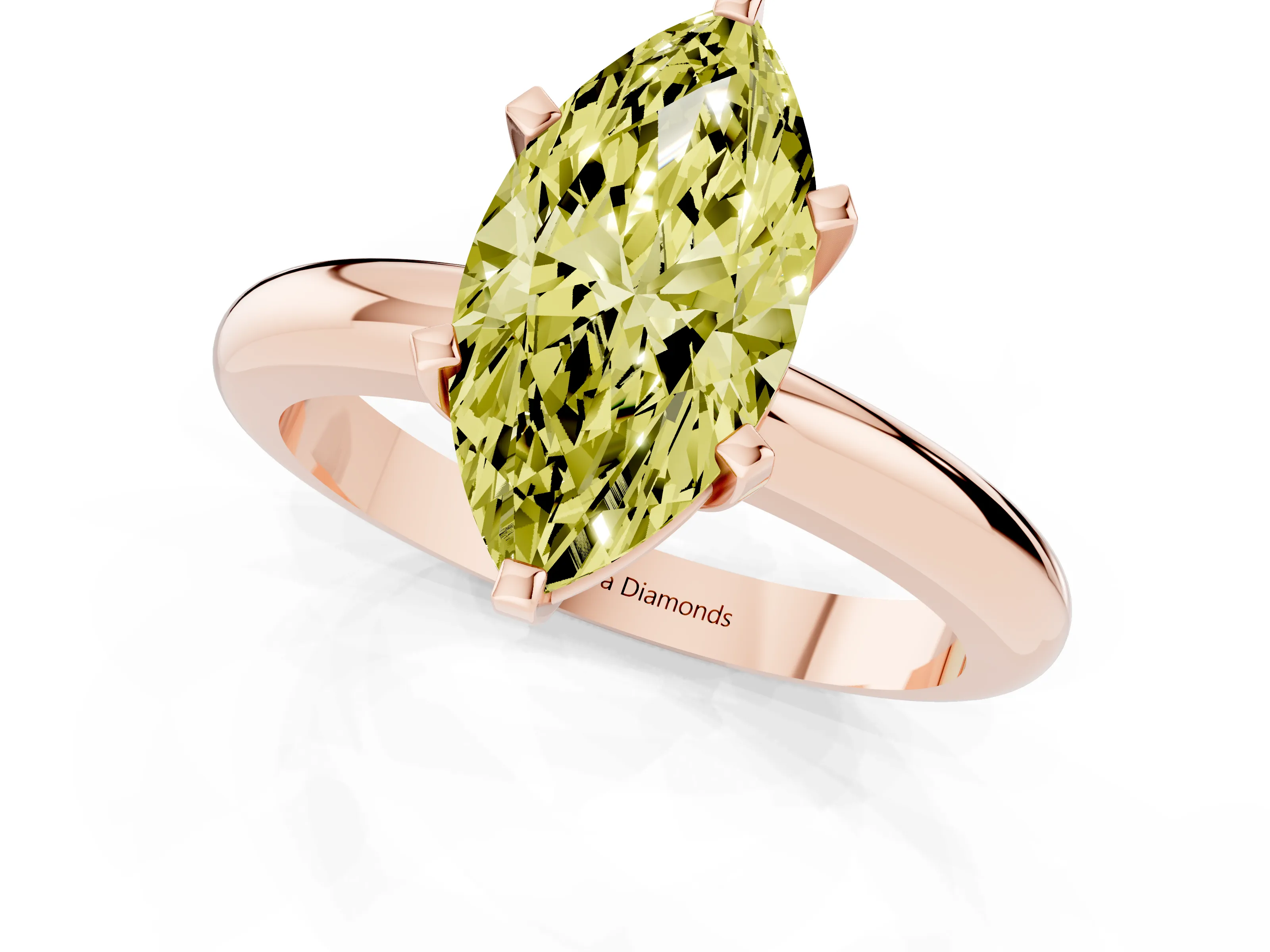 Fancy Yellow Marquise Cut Diamond Solitaire Engagement Ring Set in Rose gold with Round Band and Prong Setting