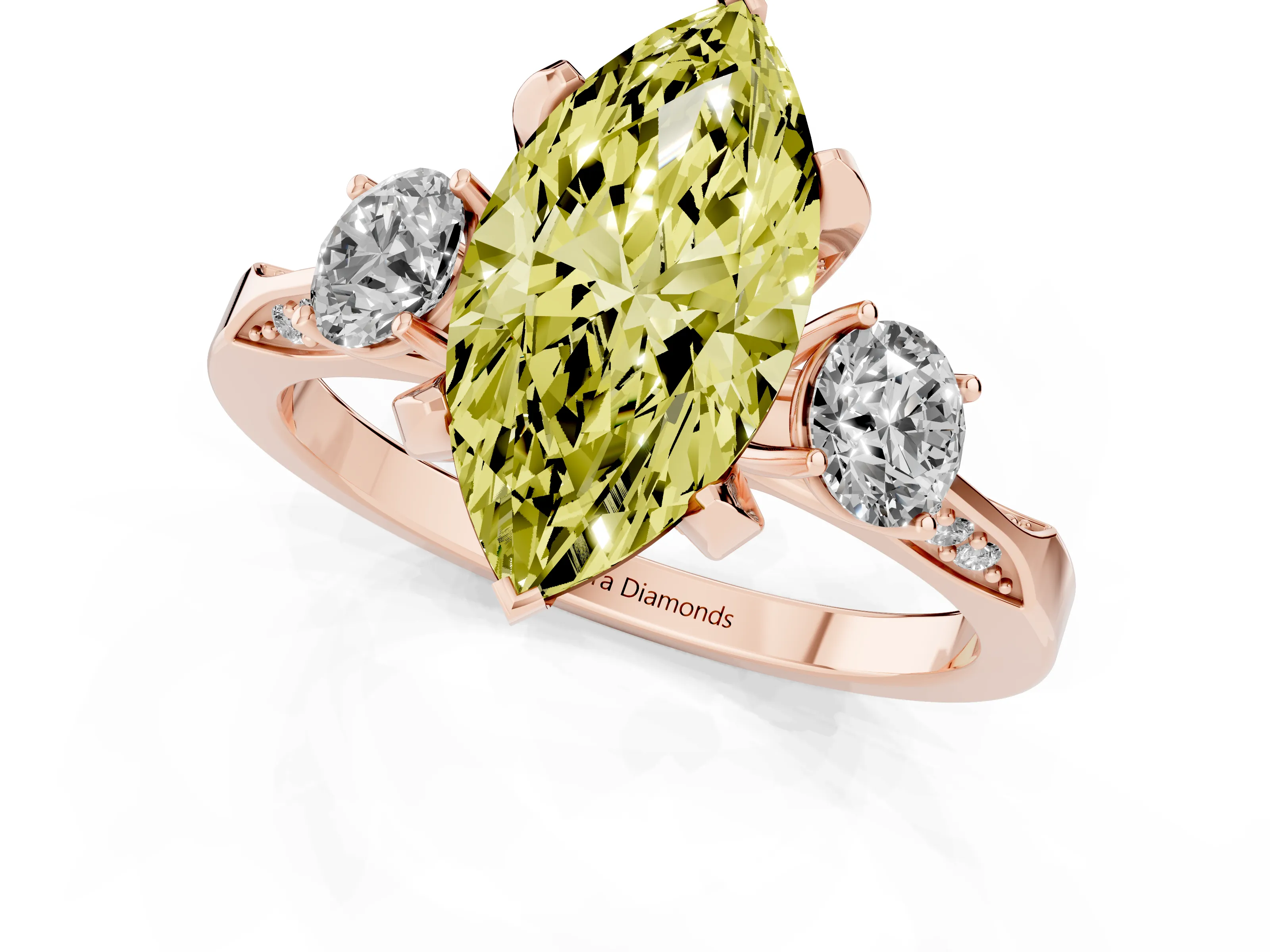 Fancy Yellow Marquise Cut Diamond Three-Stone Ring Set in Rose gold with Pavé Band and Smaller Side Stones
