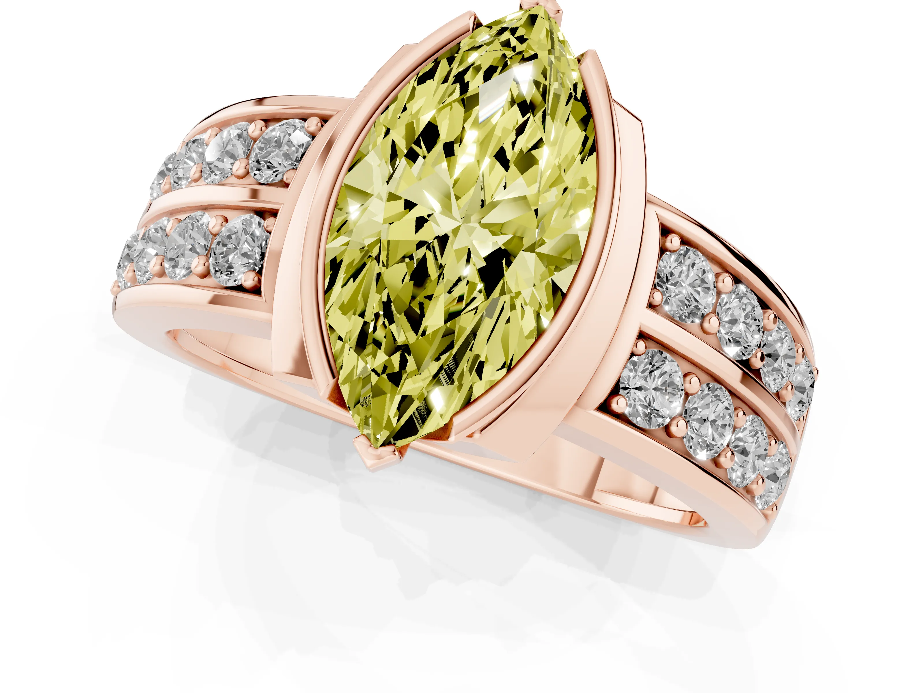 Fancy Yellow Marquise Cut Diamond Wide Channel Set Band Ring Set in Rose gold with Bezel Setting