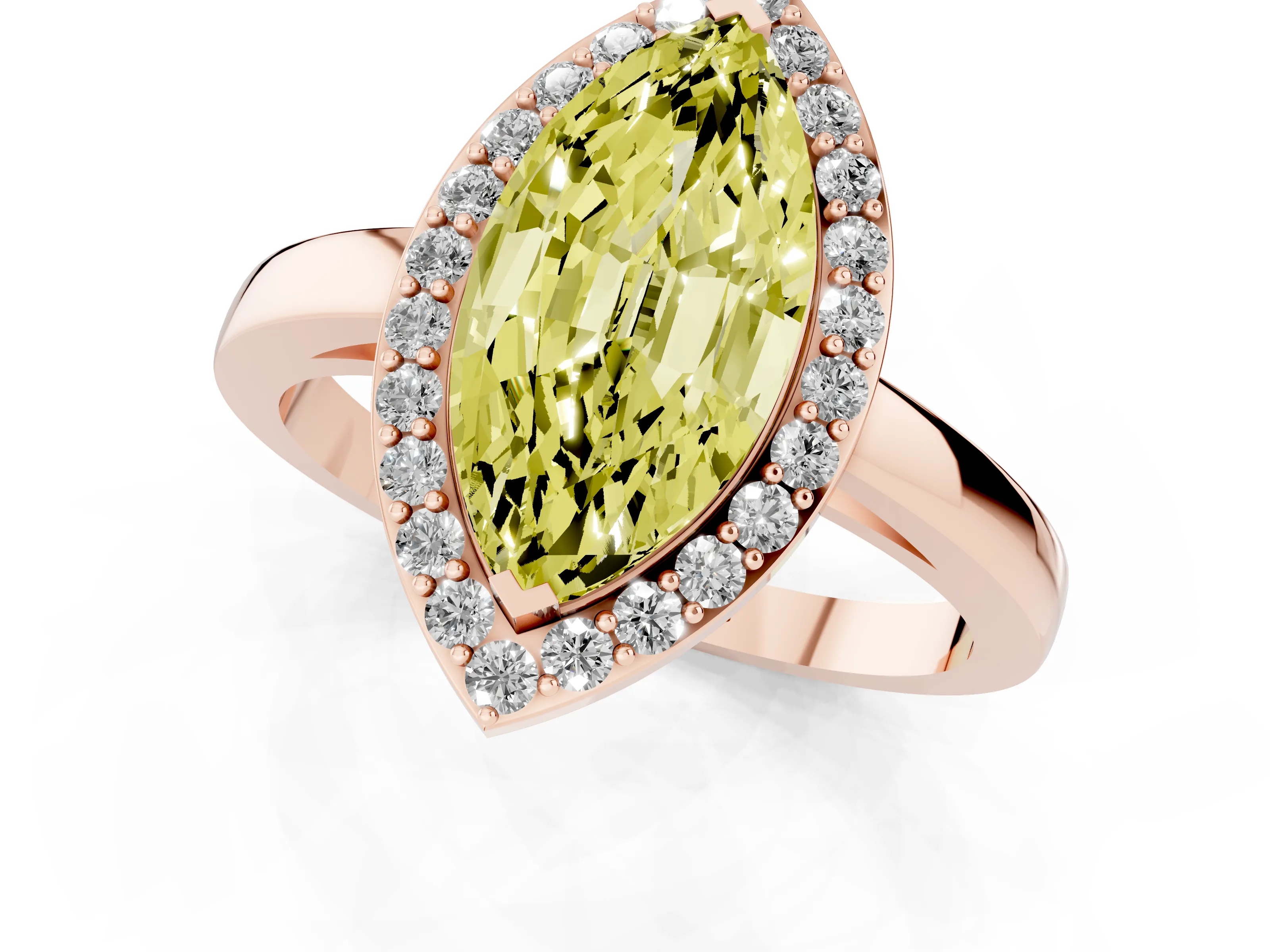 Fancy Yellow Marquise Cut Diamond Halo Ring Set in Rose gold with Solitaire Band and Prong Setting