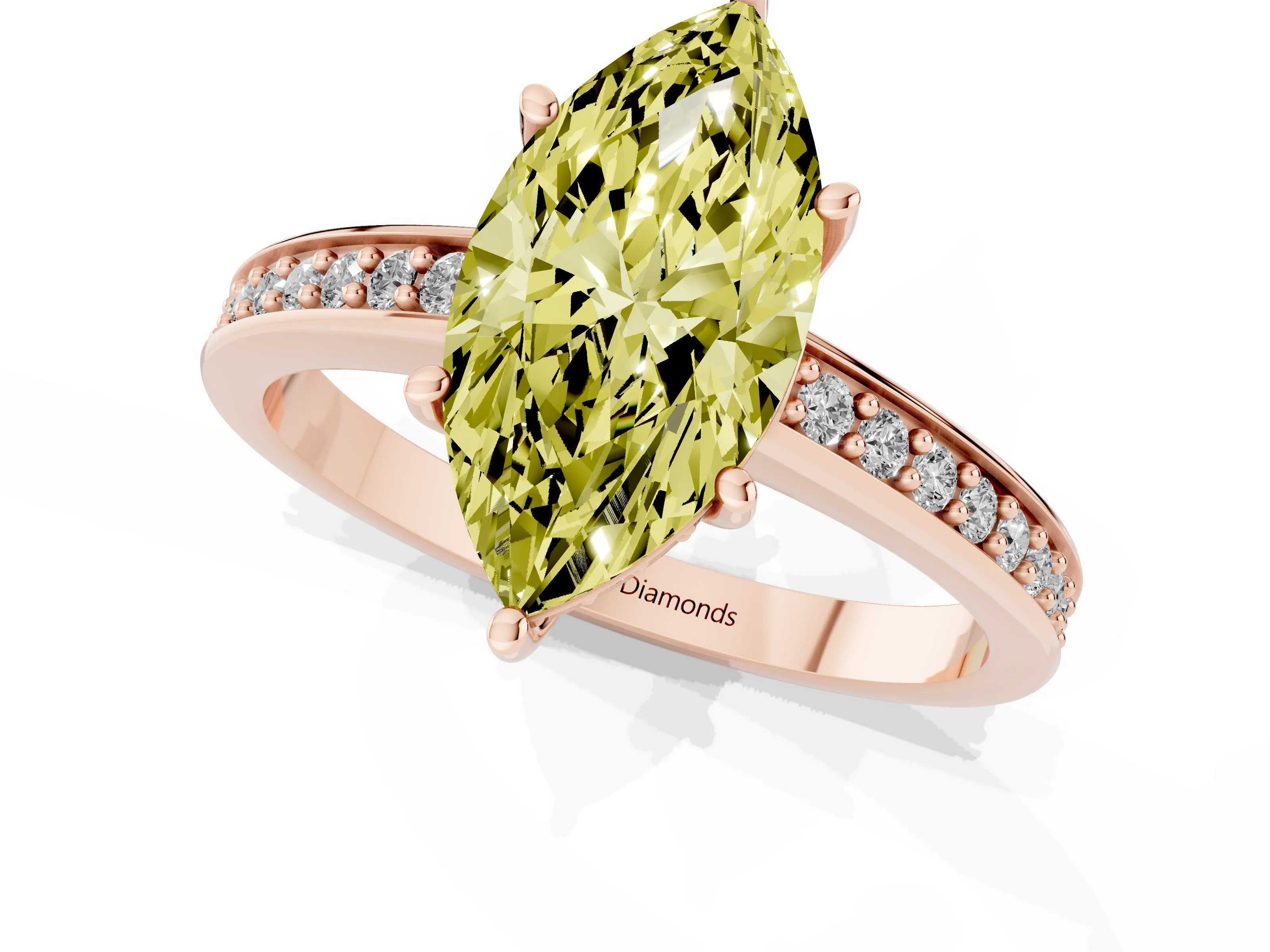 Fancy Yellow Marquise Cut Diamond Pavé Band Prong Set Solitaire Ring Set in Rose gold