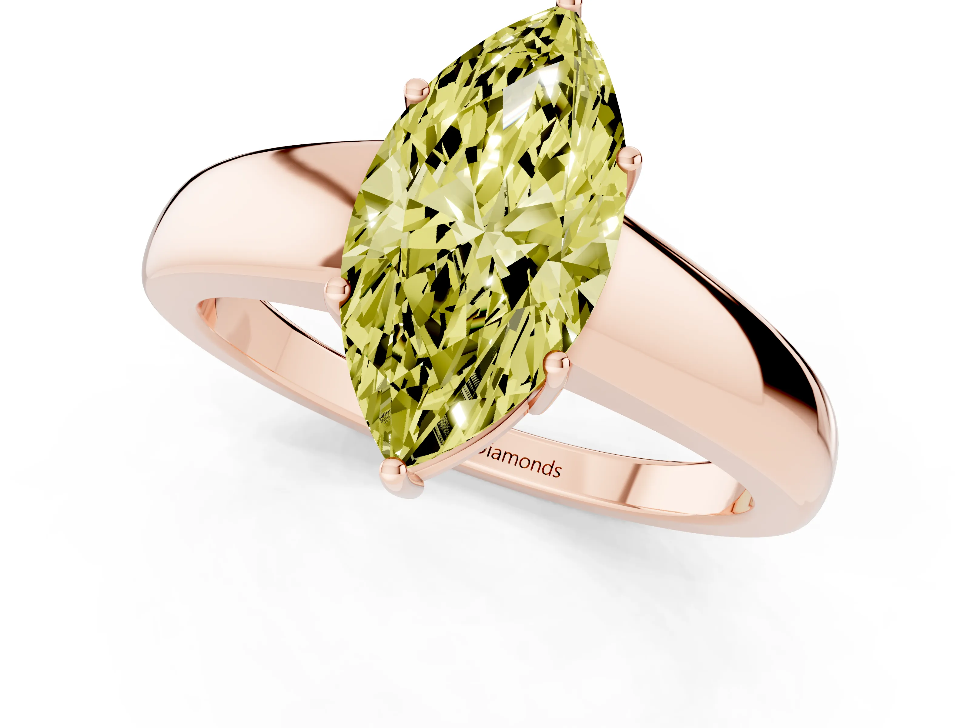 Fancy Yellow Marquise Cut Diamond Solitaire Ring Set in Rose gold with Tapered Band and Prong Setting