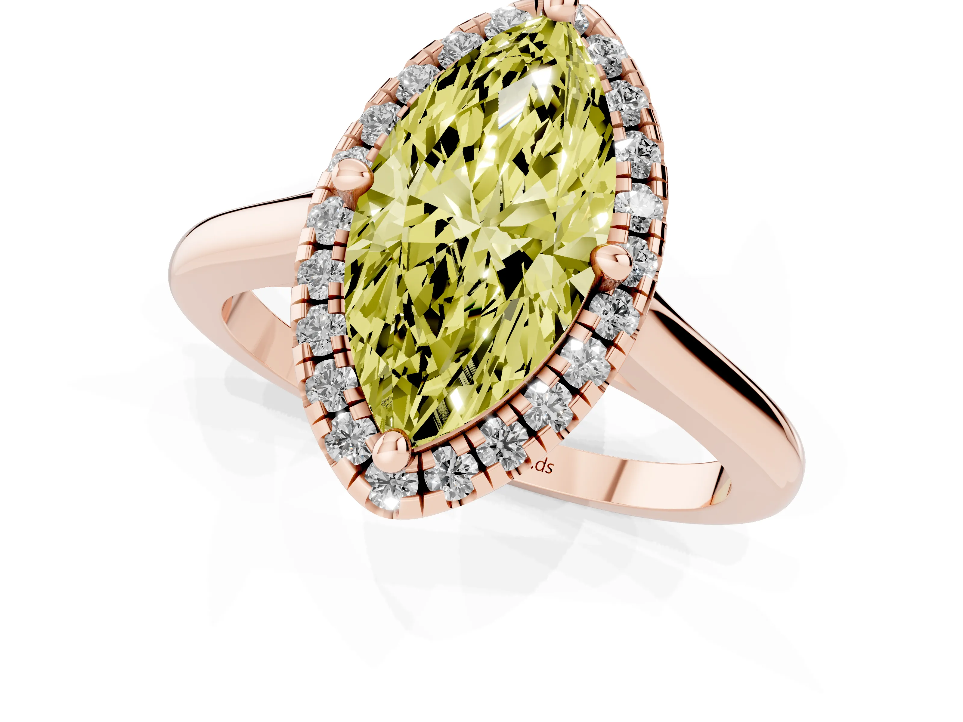 Fancy Yellow Marquise Cut Diamond Halo Engagement Ring Set in Rose gold with Pavé Band and Rising Shoulders