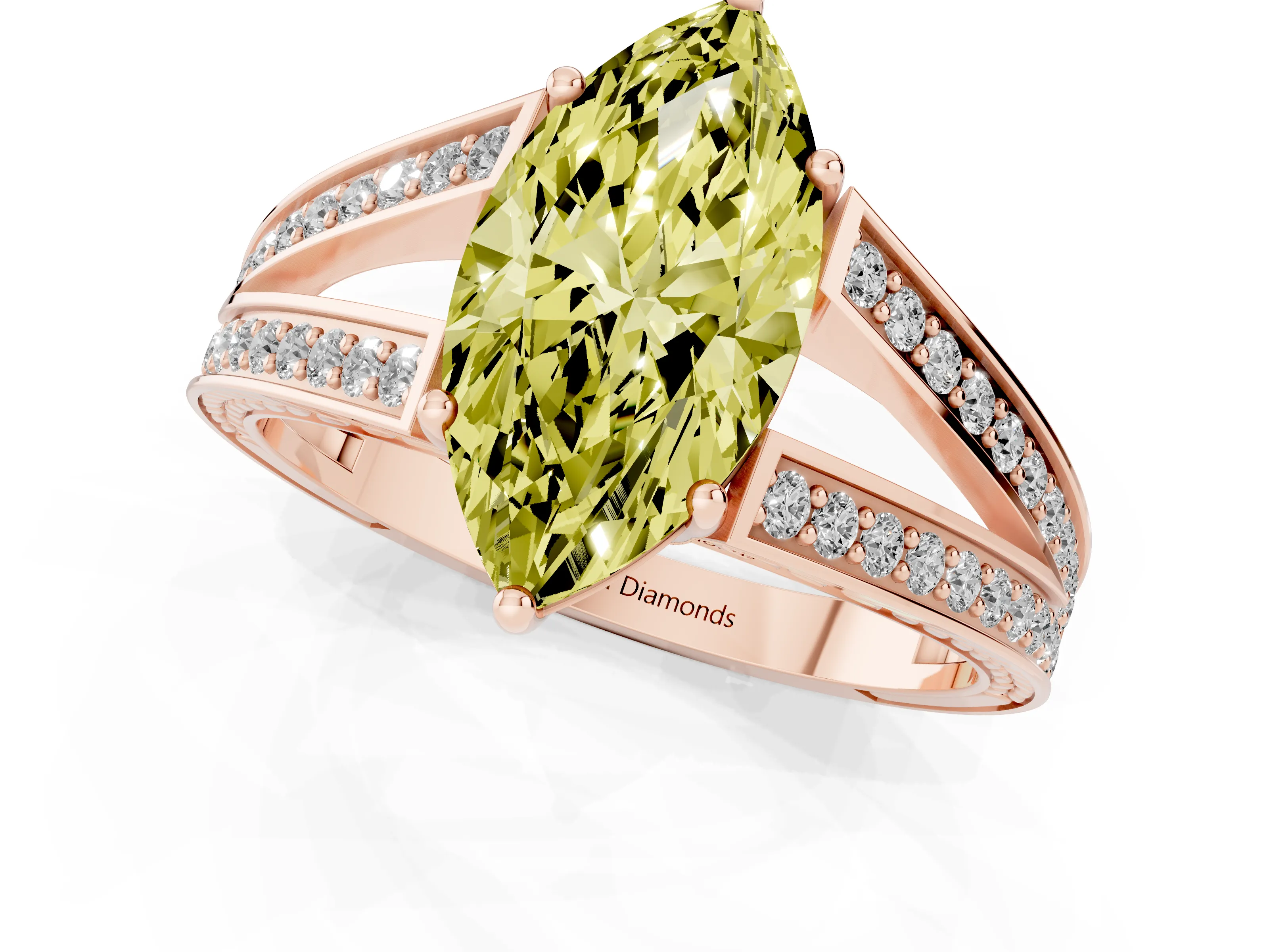 Fancy Yellow Marquise Cut Diamond Split Shank Ring Set in Rose gold with Pavé Band and Prong Setting