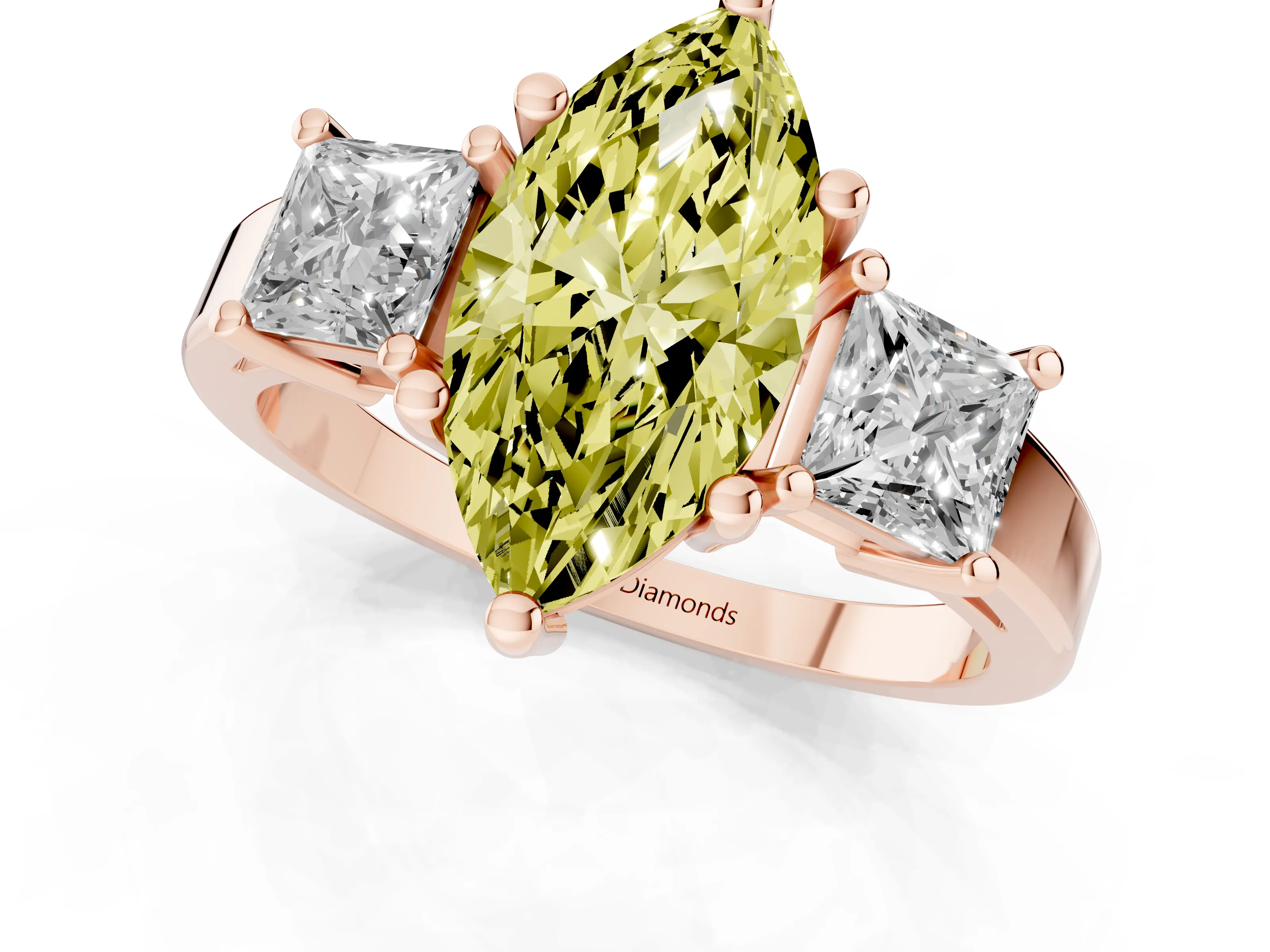 Fancy Yellow Three-Stone Marquise Cut Diamond Solitaire Ring Set in Rose gold with Prong Setting