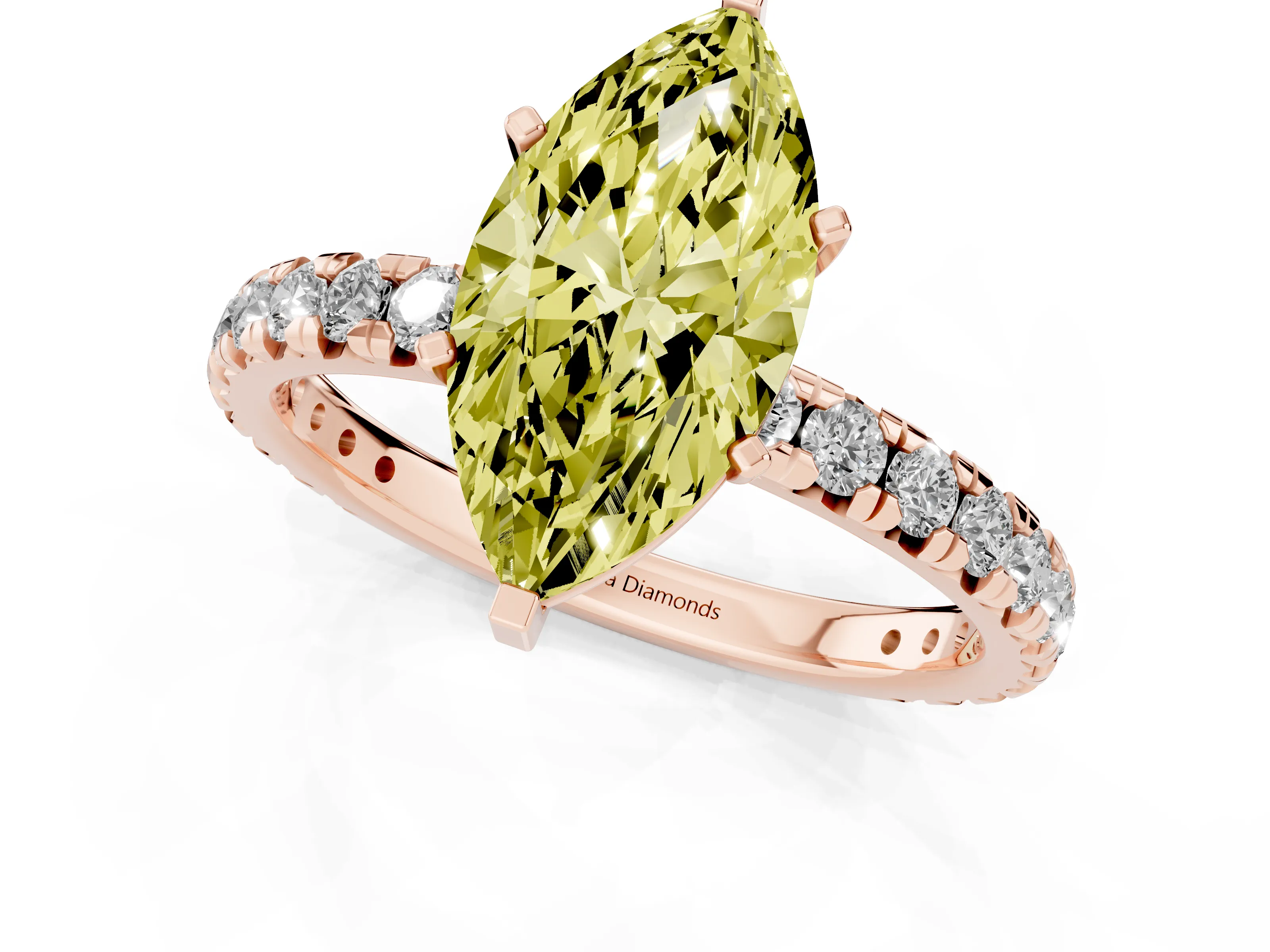 Fancy Yellow Marquise Cut Diamond Pavé Solitaire Ring Set in Rose gold with Round Band and Prong Setting