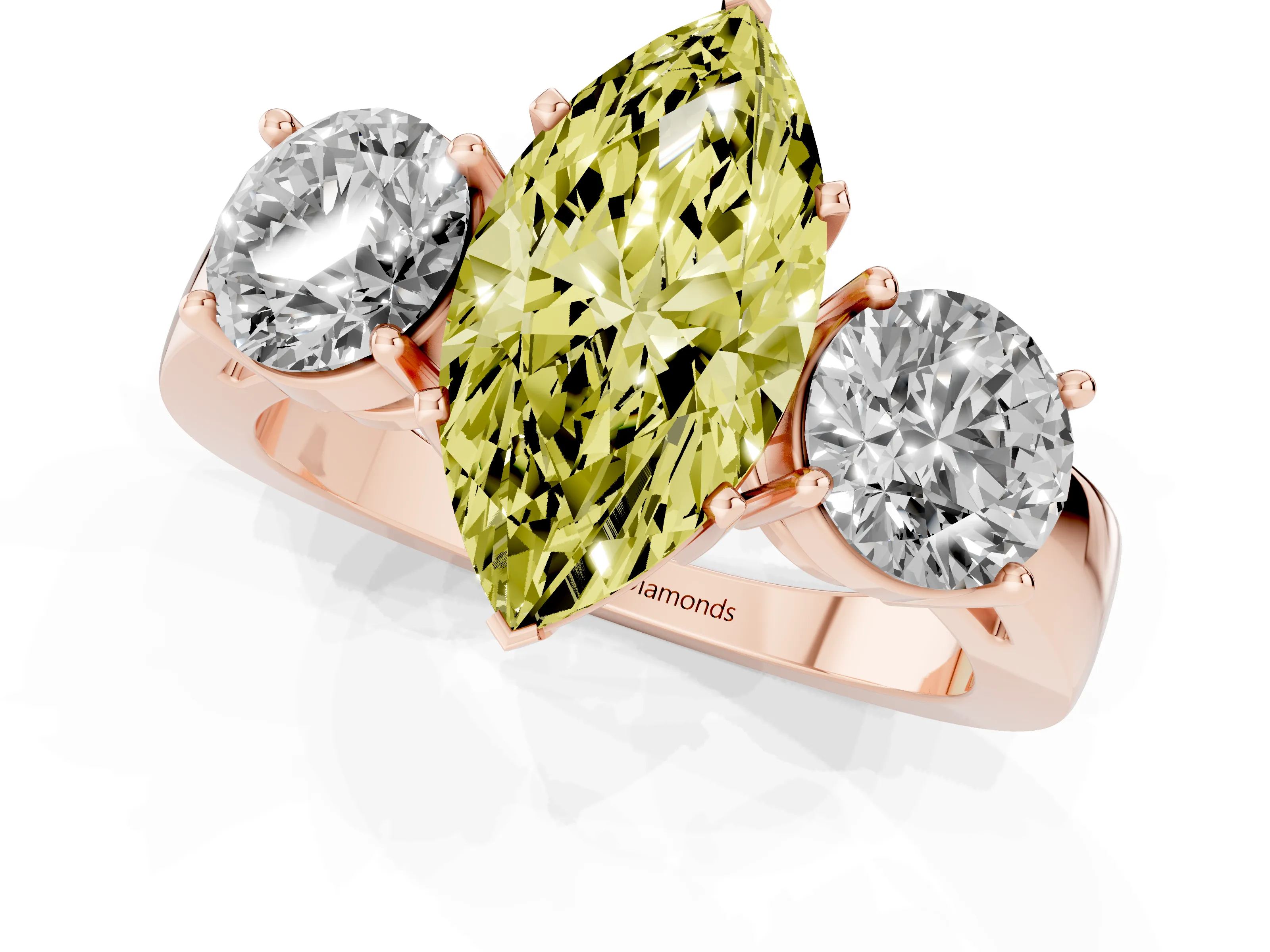 Fancy Yellow Marquise Cut Diamond Three-Stone Ring Set in Rose gold with Round Side Stones and Classic Band