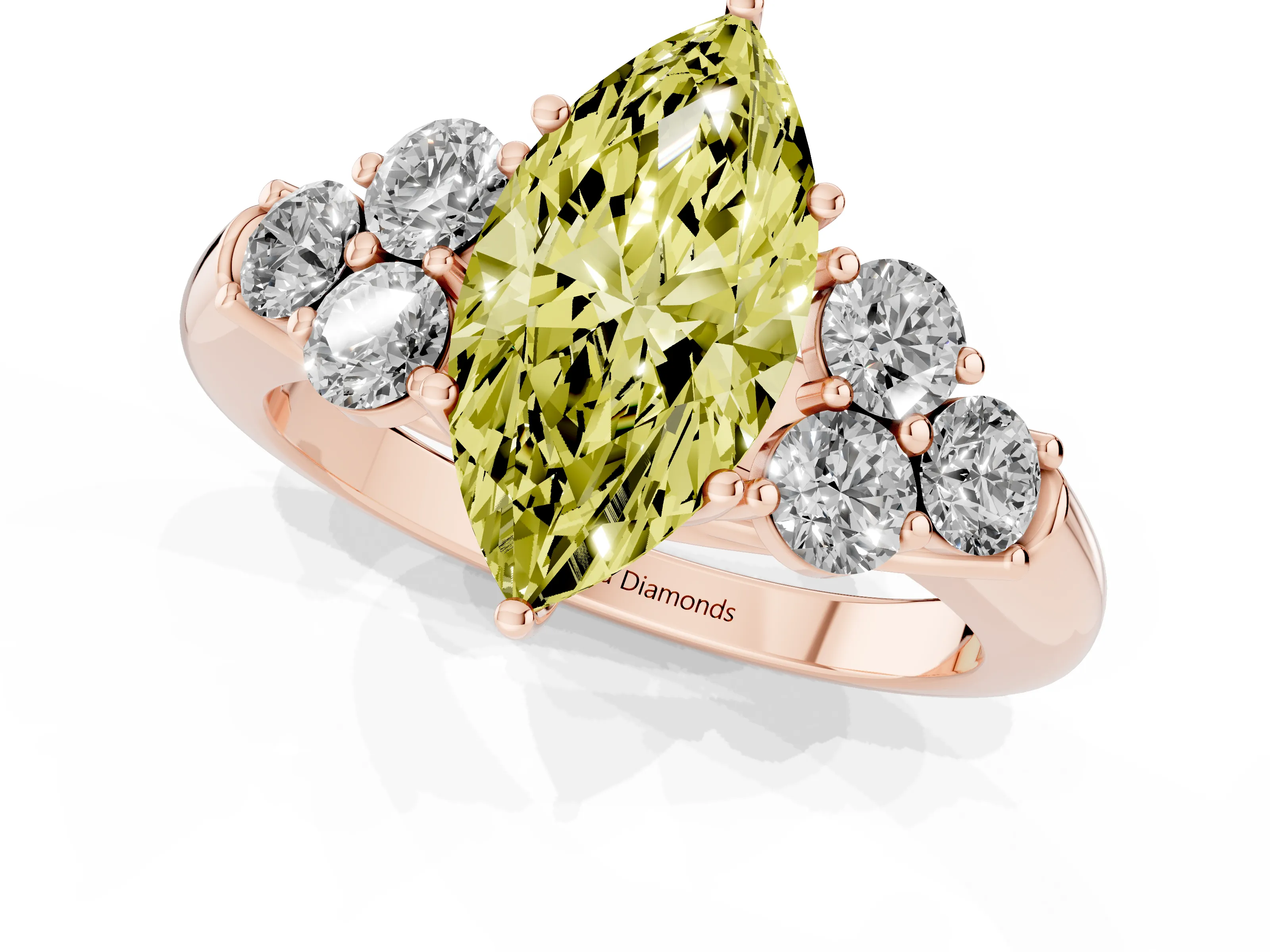 Fancy Yellow Marquise Cut Diamond Cluster Ring Set in Rose gold with Round Accent Stones and Prong Setting on a Plain Band