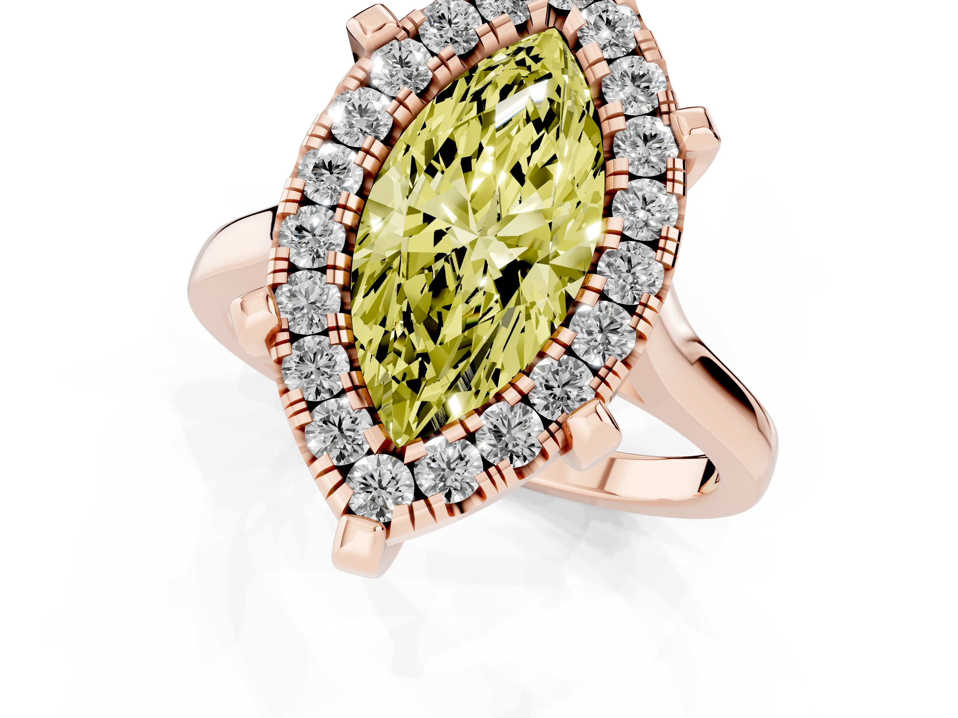 Fancy Yellow Marquise Cut Diamond Cluster Halo Solitaire Ring Set in Rose gold with Prong Setting