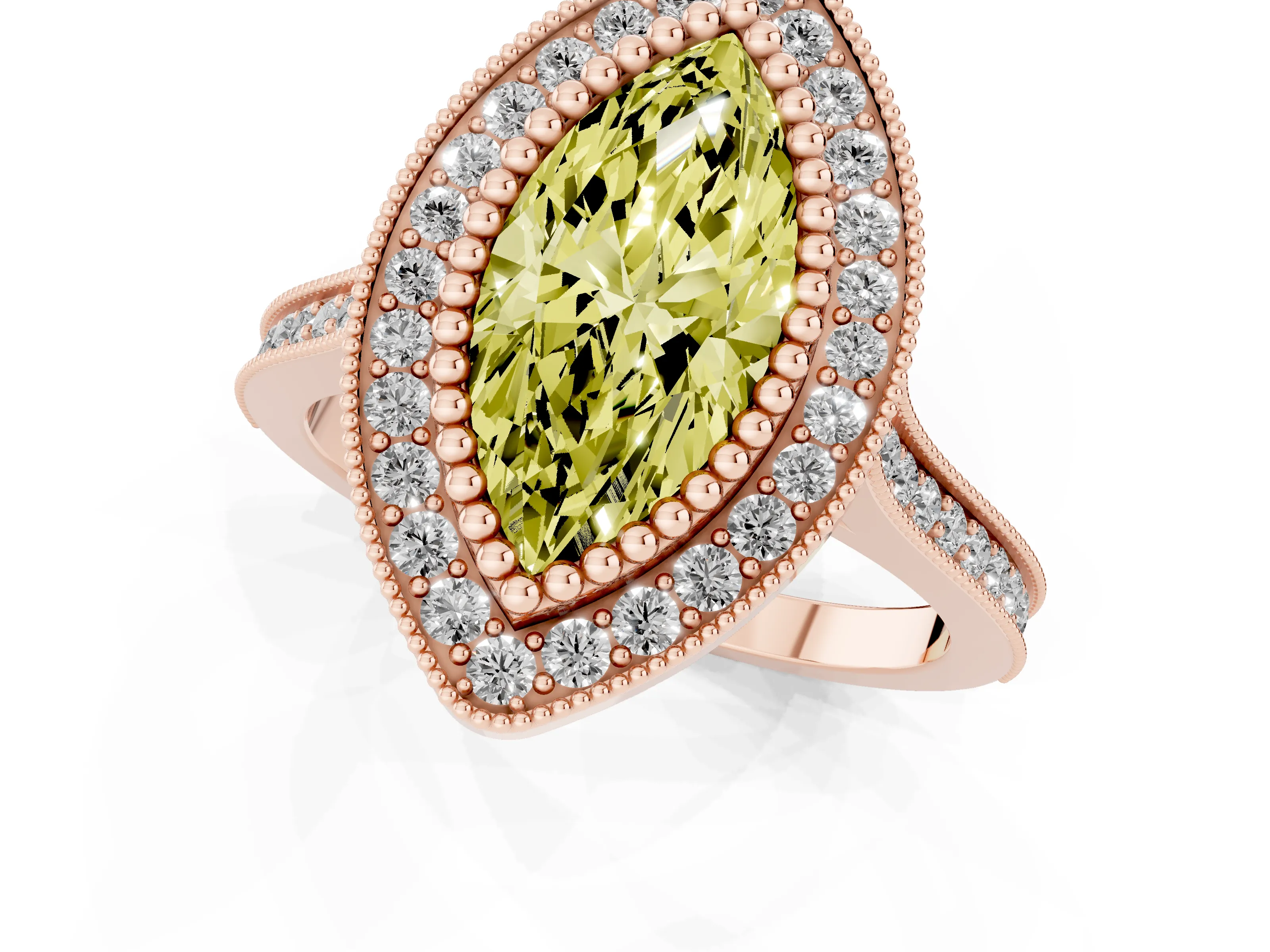 Fancy Yellow Marquise Cut Diamond Halo Ring Set in Rose gold with Milgrain Frame and Pavé Band