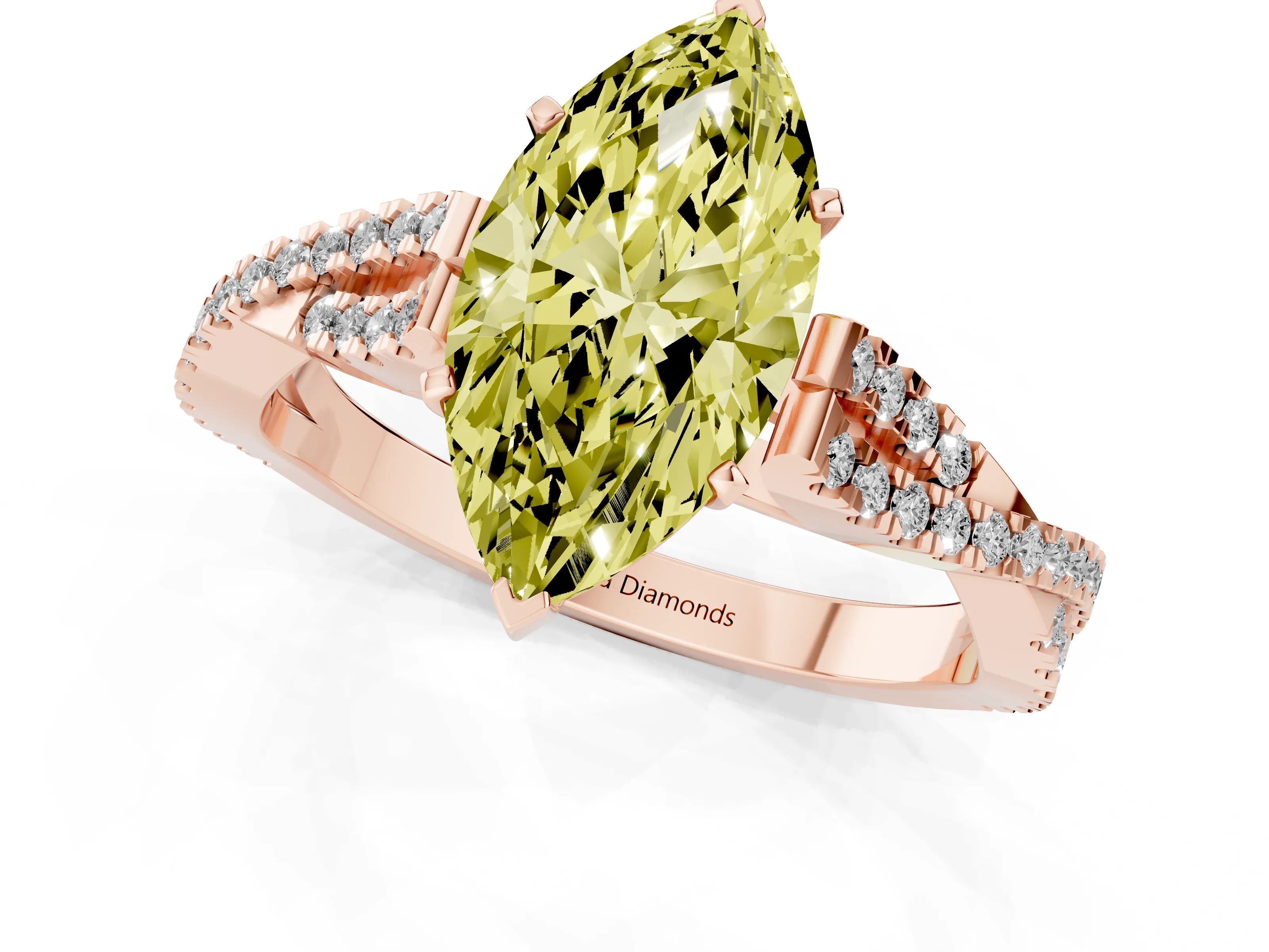 Fancy Yellow Marquise Cut Diamond Solitaire Engagement Ring Set in Rose gold with Twisted Pavé Band and Prong Setting