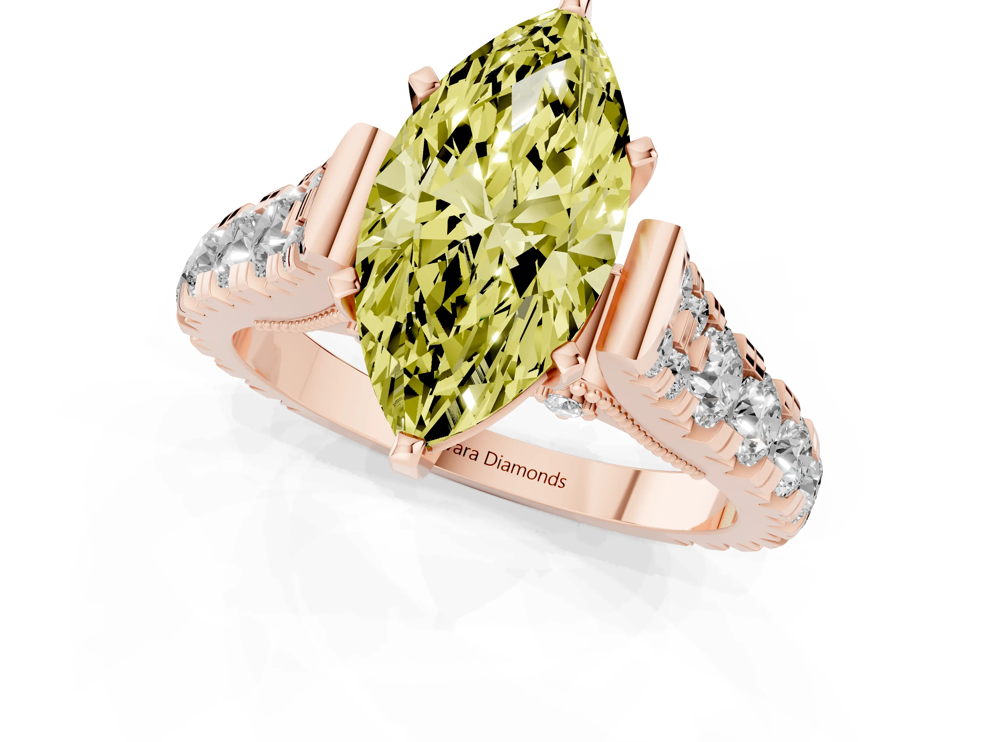 Fancy Yellow Marquise Cut Diamond Classic Solitaire Ring Set in Rose gold with Pavé Band and Prong Setting