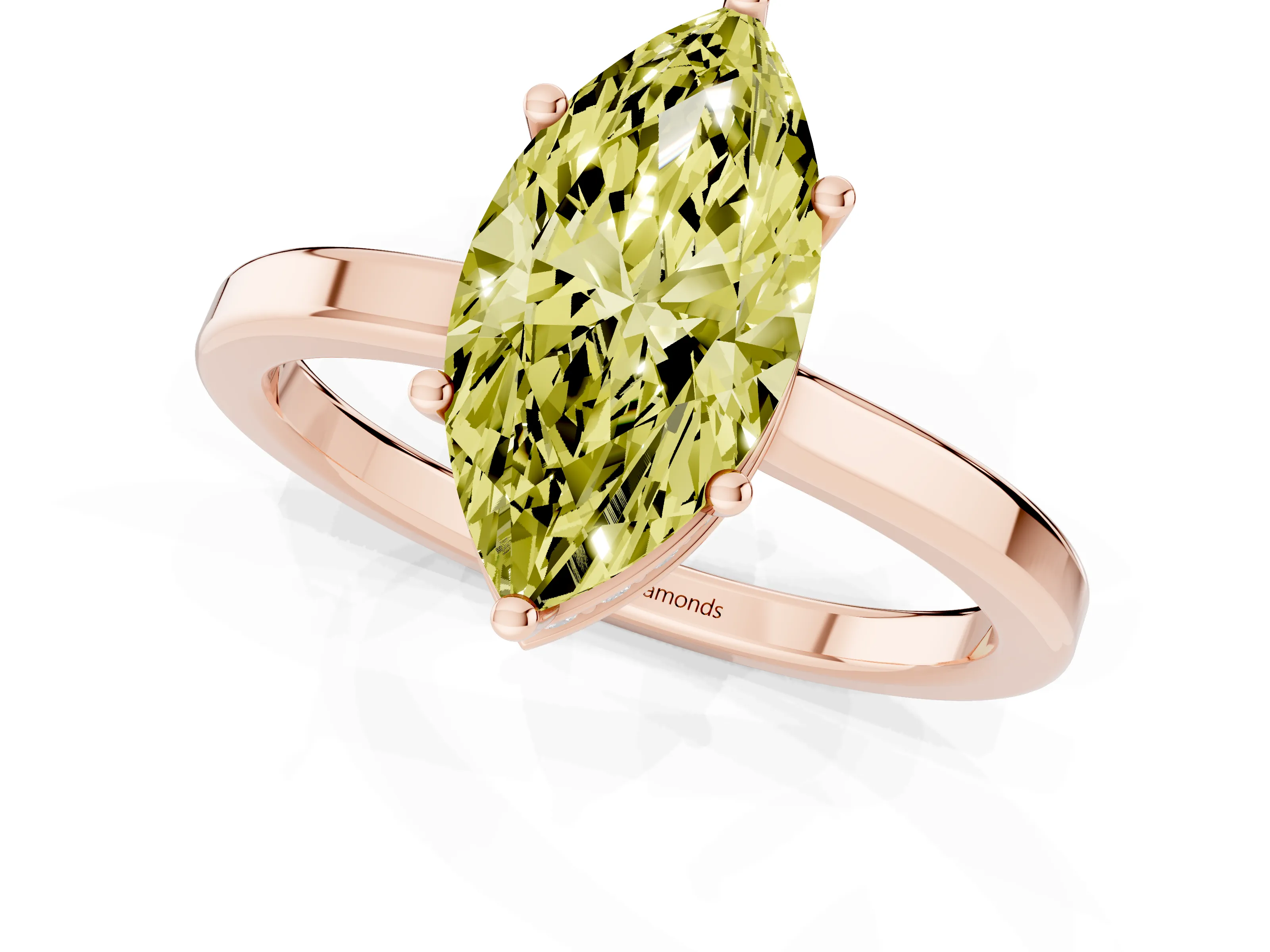 Fancy Yellow Marquise Cut Diamond Solitaire Engagement Ring Set in Rose gold with Prong Setting on a Plain Band