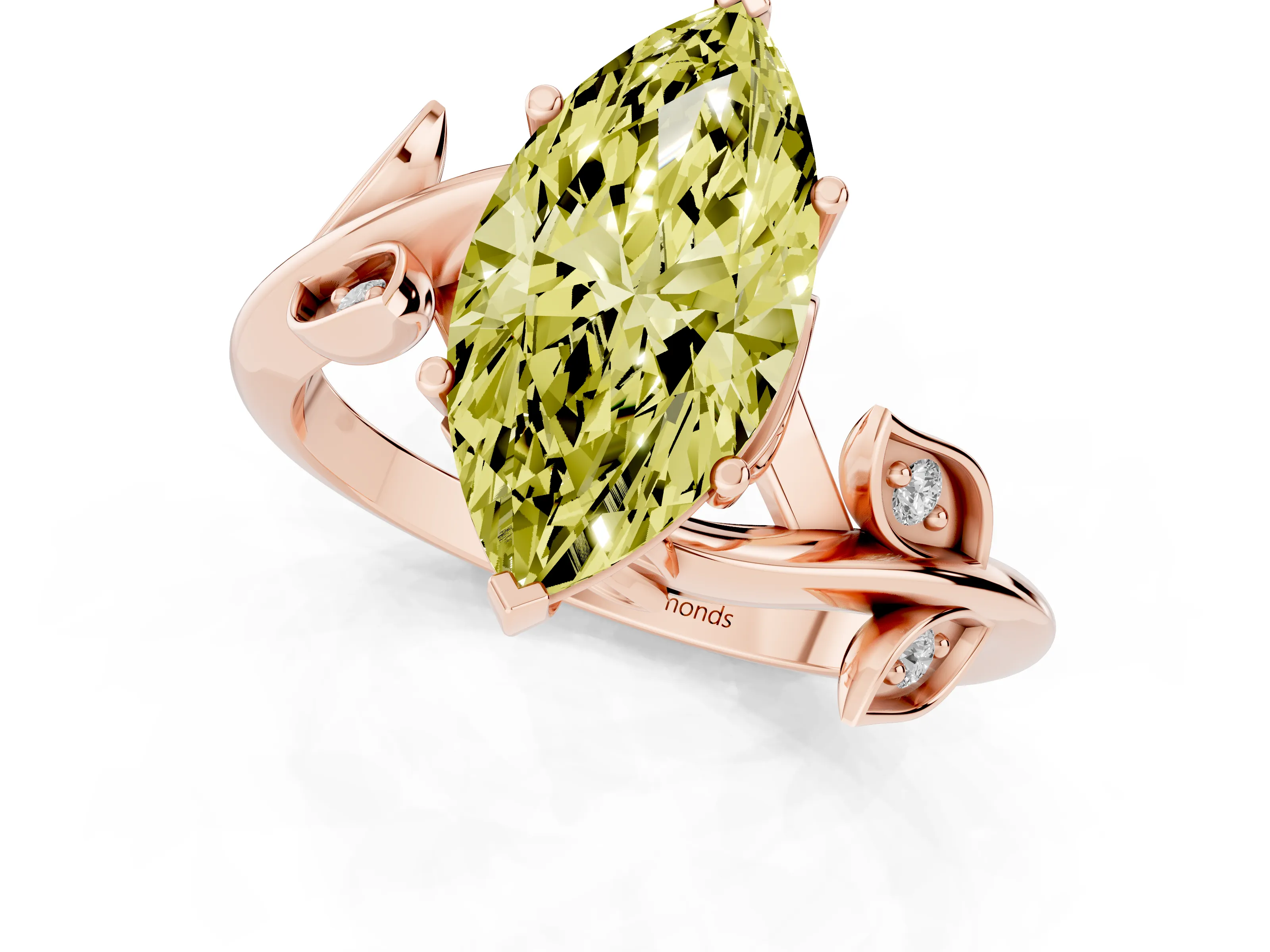 Fancy Yellow Marquise Cut Diamond Solitaire Twist Engagement Ring Set in Rose gold with Pavé Leaf Accents