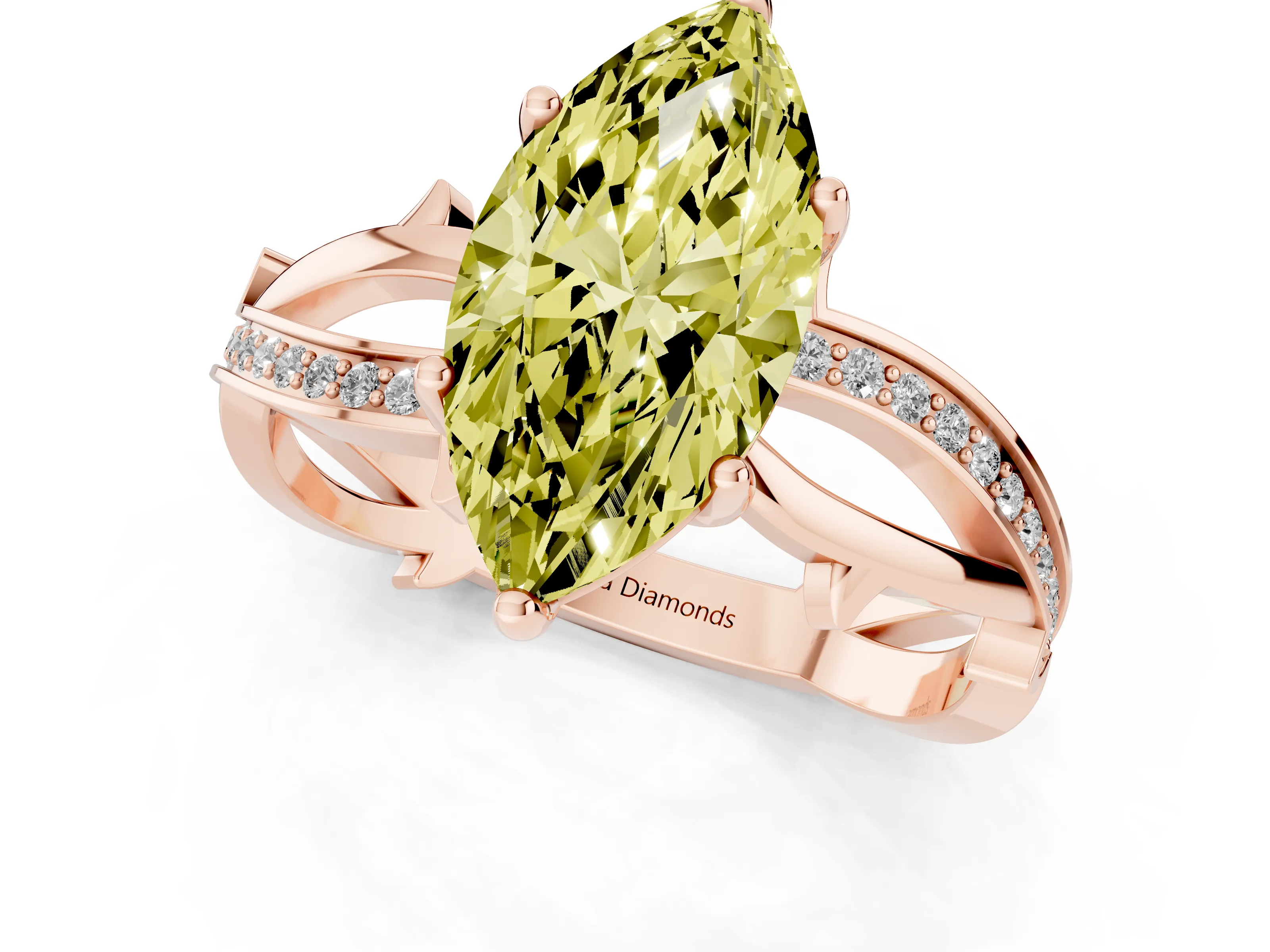 Fancy Yellow Marquise Cut Diamond Pavé Twist Band Solitaire Ring Set in Rose gold with Prong Setting