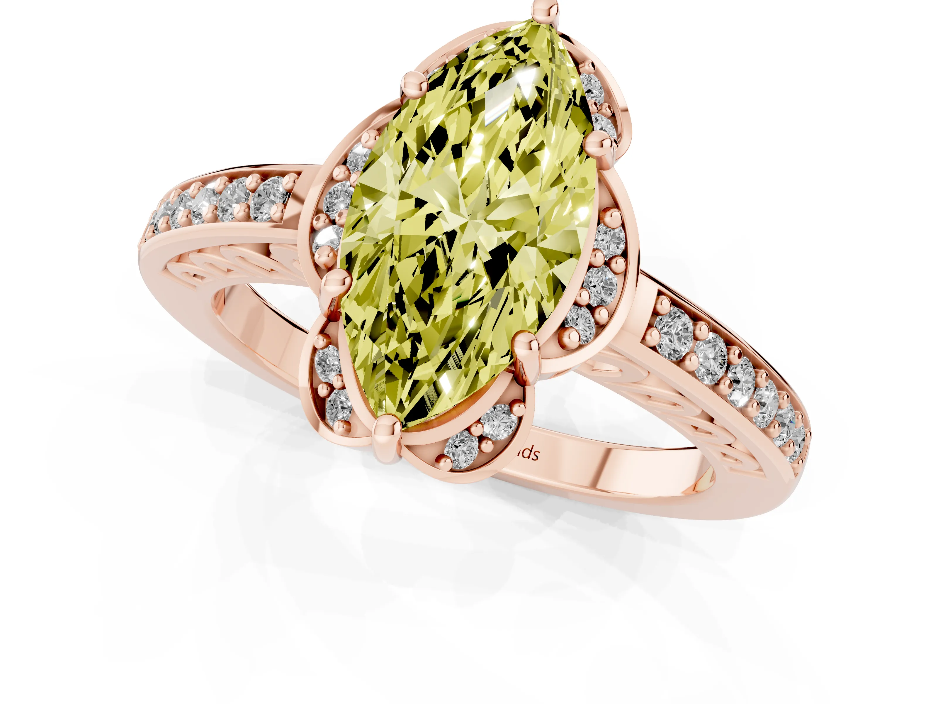 Fancy Yellow Marquise Cut Diamond Halo Ring Set in Rose gold with Channel Set Band and Prong Setting