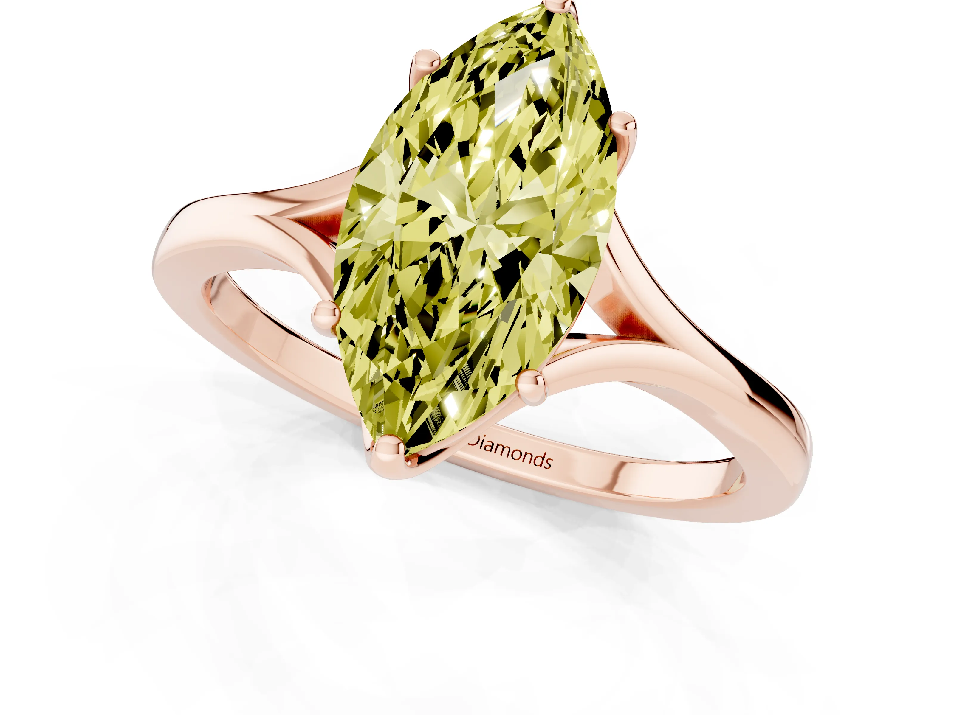 Fancy Yellow Marquise Cut Diamond Solitaire Ring Set in Rose gold with Polished Tapered Band and Prong Setting