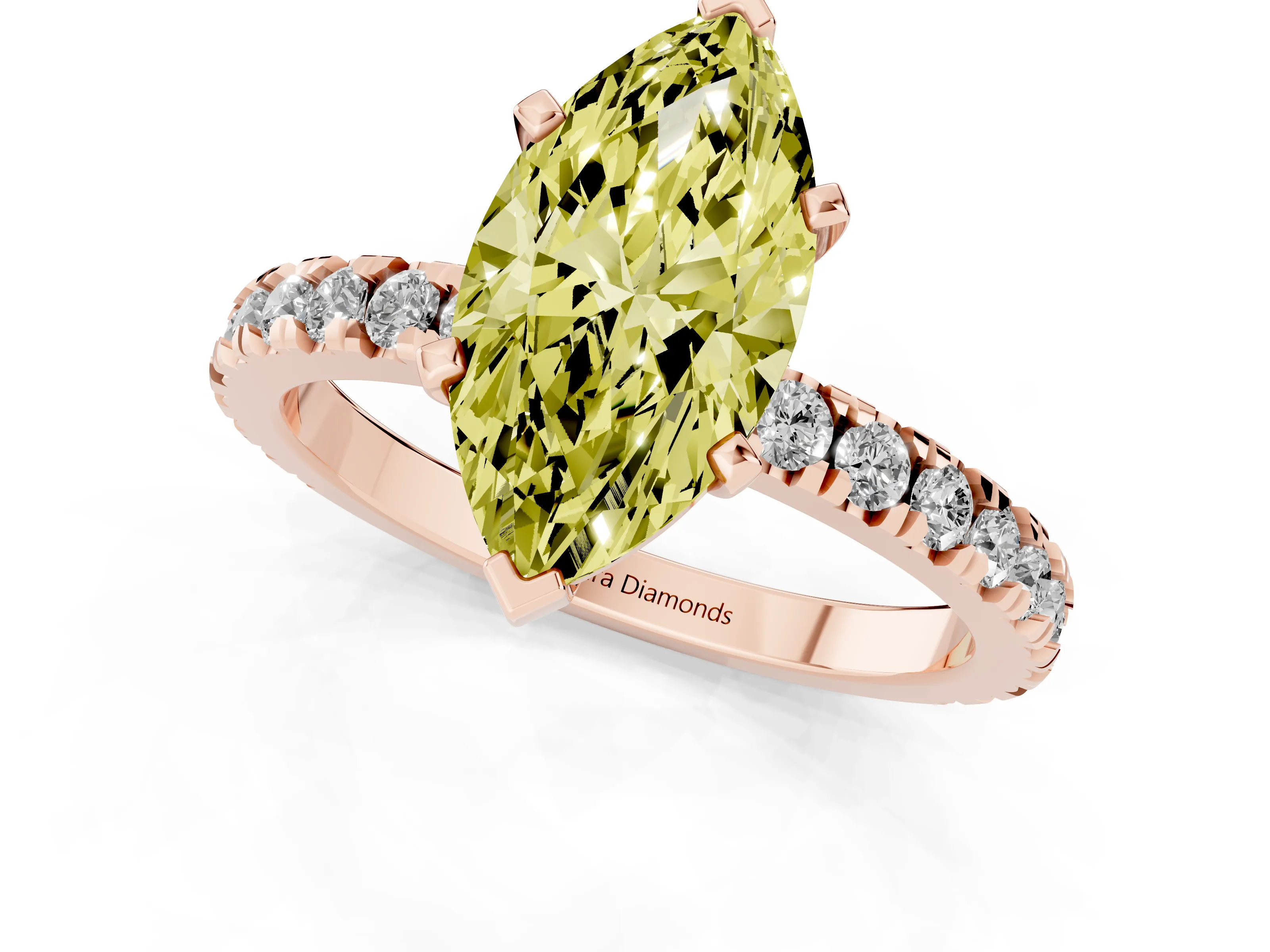 Fancy Yellow Marquise Cut Diamond Pavé Band Solitaire Set in Rose gold with Prong Setting