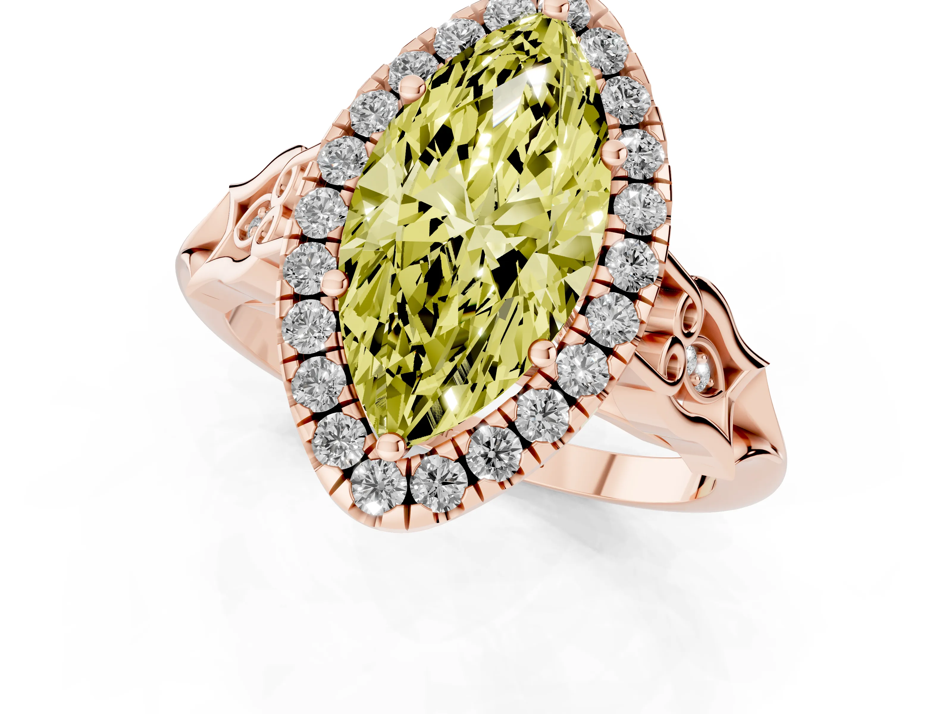 Fancy Yellow Marquise Cut Diamond Halo Engagement Ring Set in Rose gold with Filigree Band and Prong-Set Center