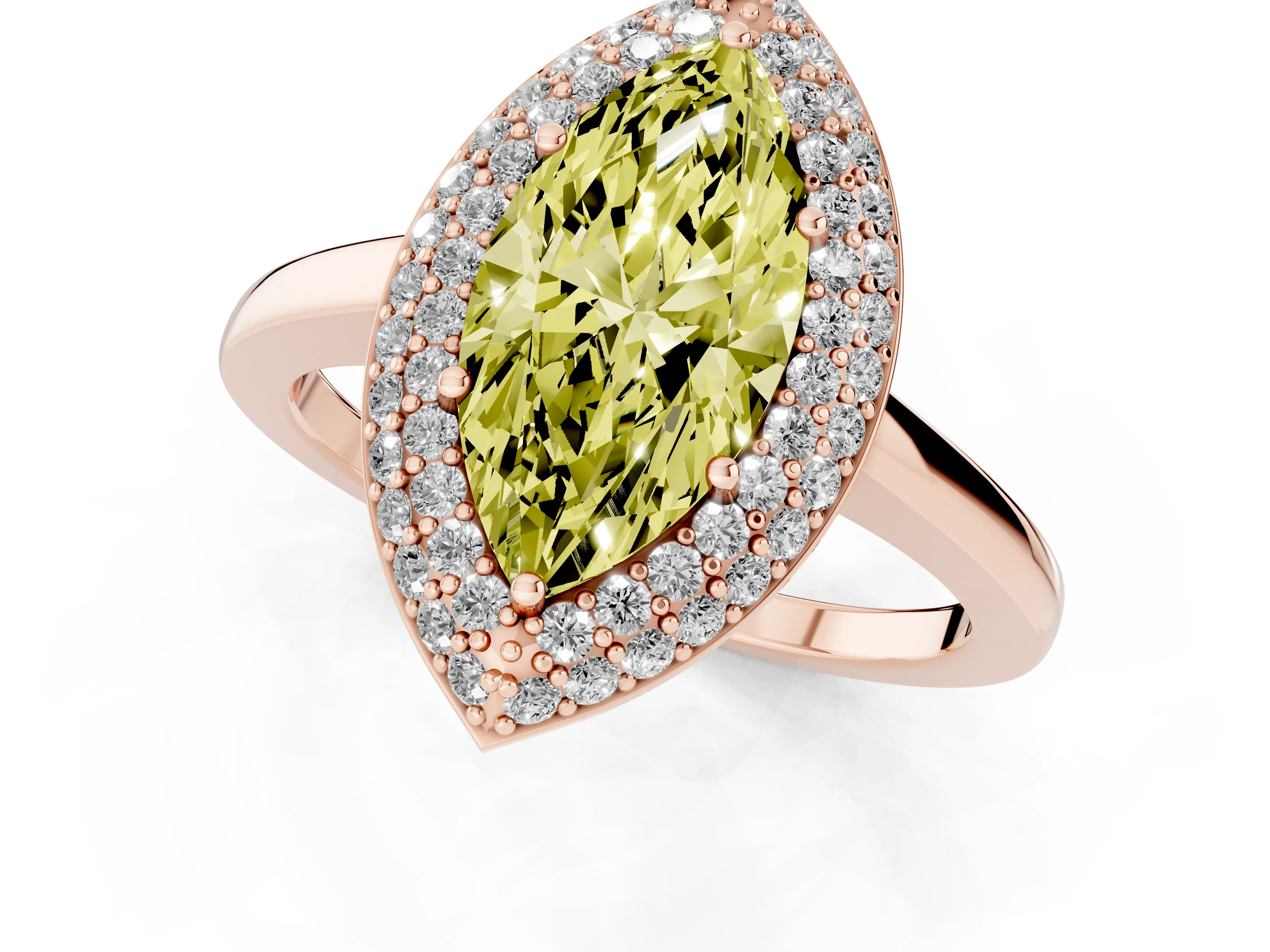 Fancy Yellow Marquise Cut Diamond Halo Engagement Ring Set in Rose gold with Solitaire Band and Prong Setting