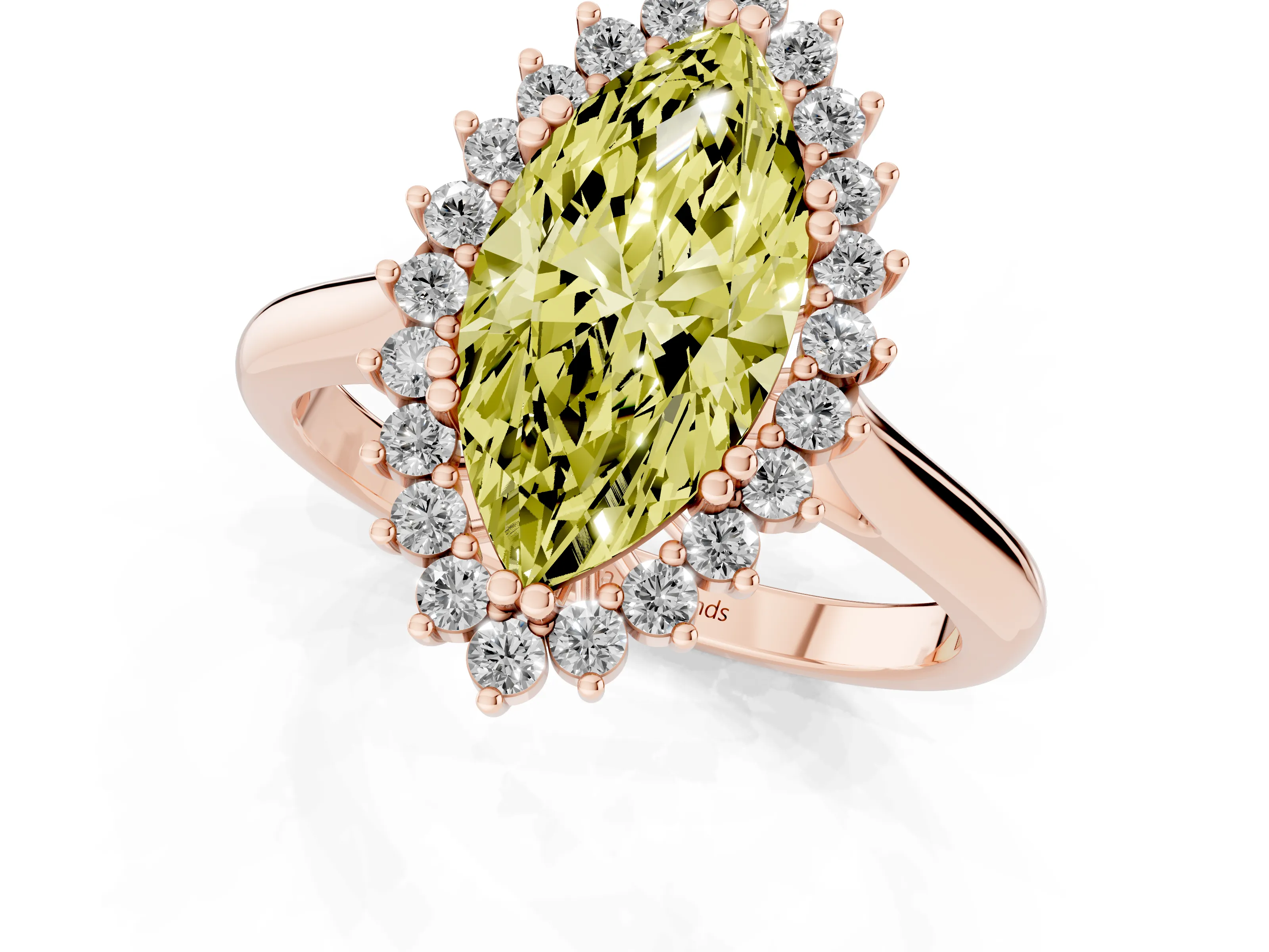 Fancy Yellow Marquise Cut Diamond Halo Ring Set in Rose gold with Plain Solitaire Band and Prong Setting
