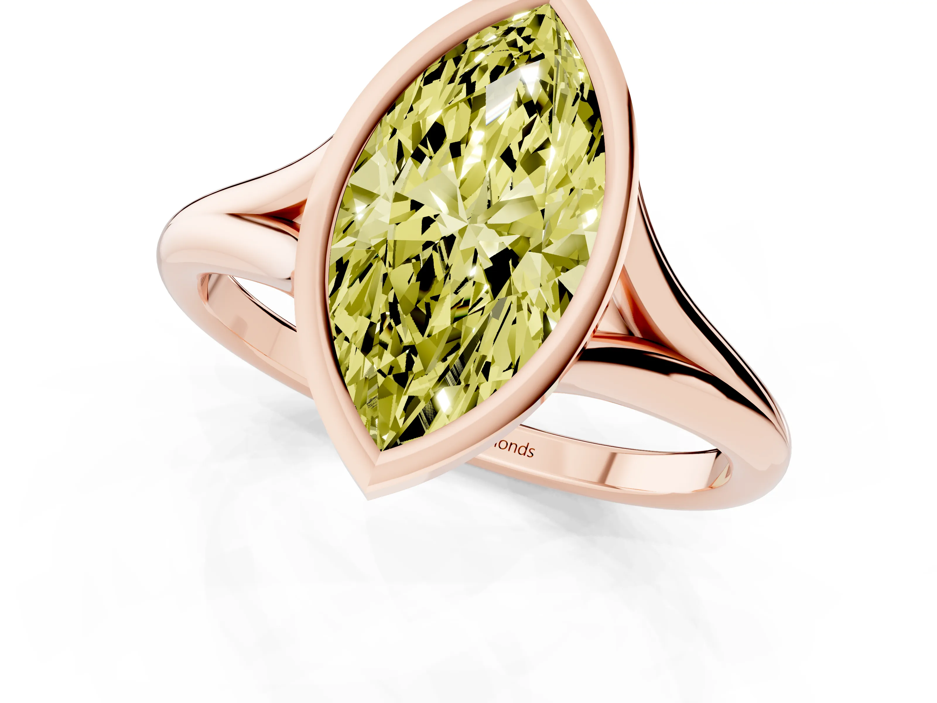 Fancy Yellow Bezel Set Marquise Cut Diamond Solitaire Ring Set in Rose gold with Tapered Band