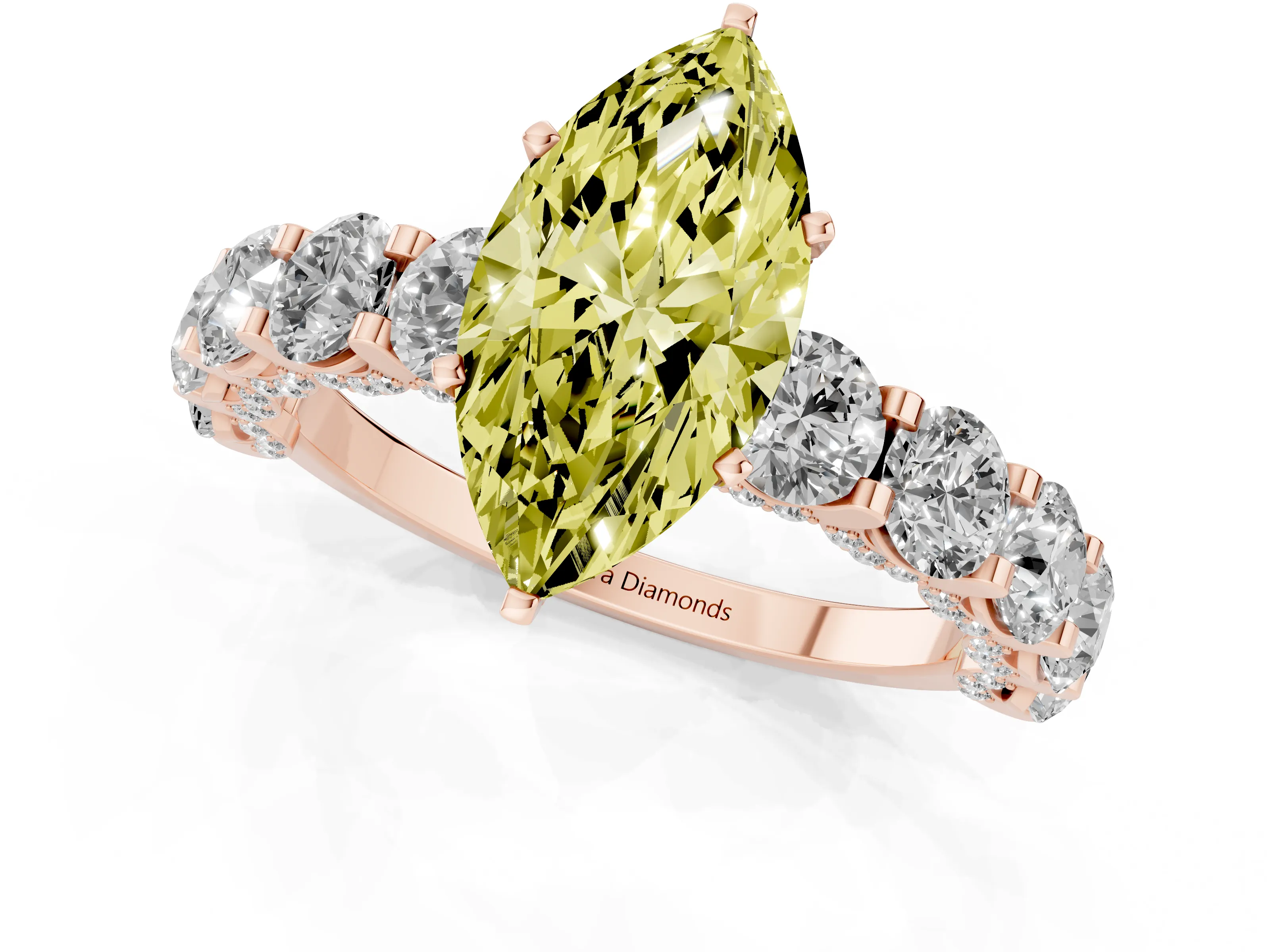 Fancy Yellow Marquise Cut Diamond Side Stone Ring Set in Rose gold with Alternating Round and Oval Side Stones