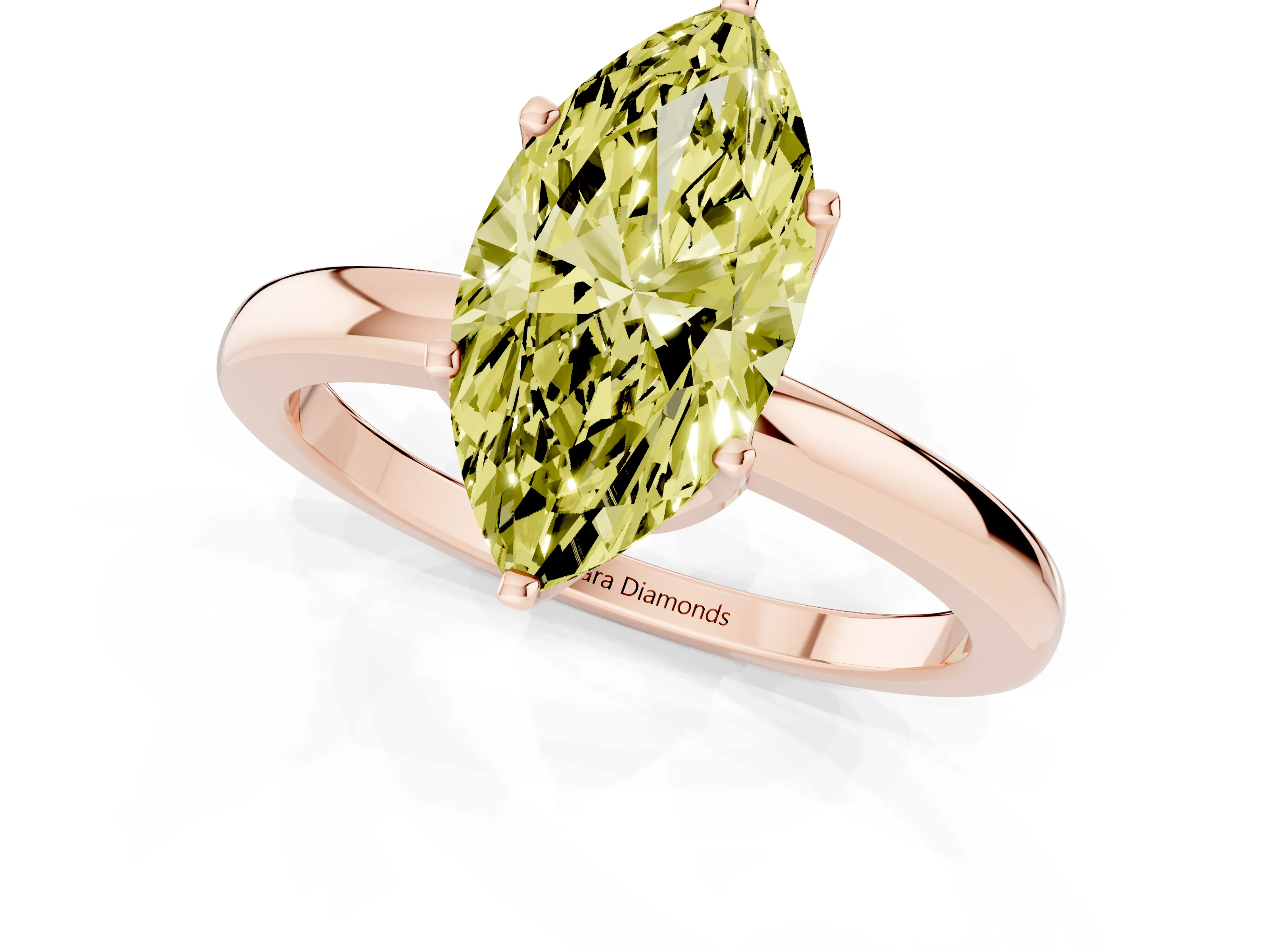 Fancy Yellow Marquise Cut Diamond Solitaire Ring Set in Rose gold with Raised Prong Setting on a Classic Band