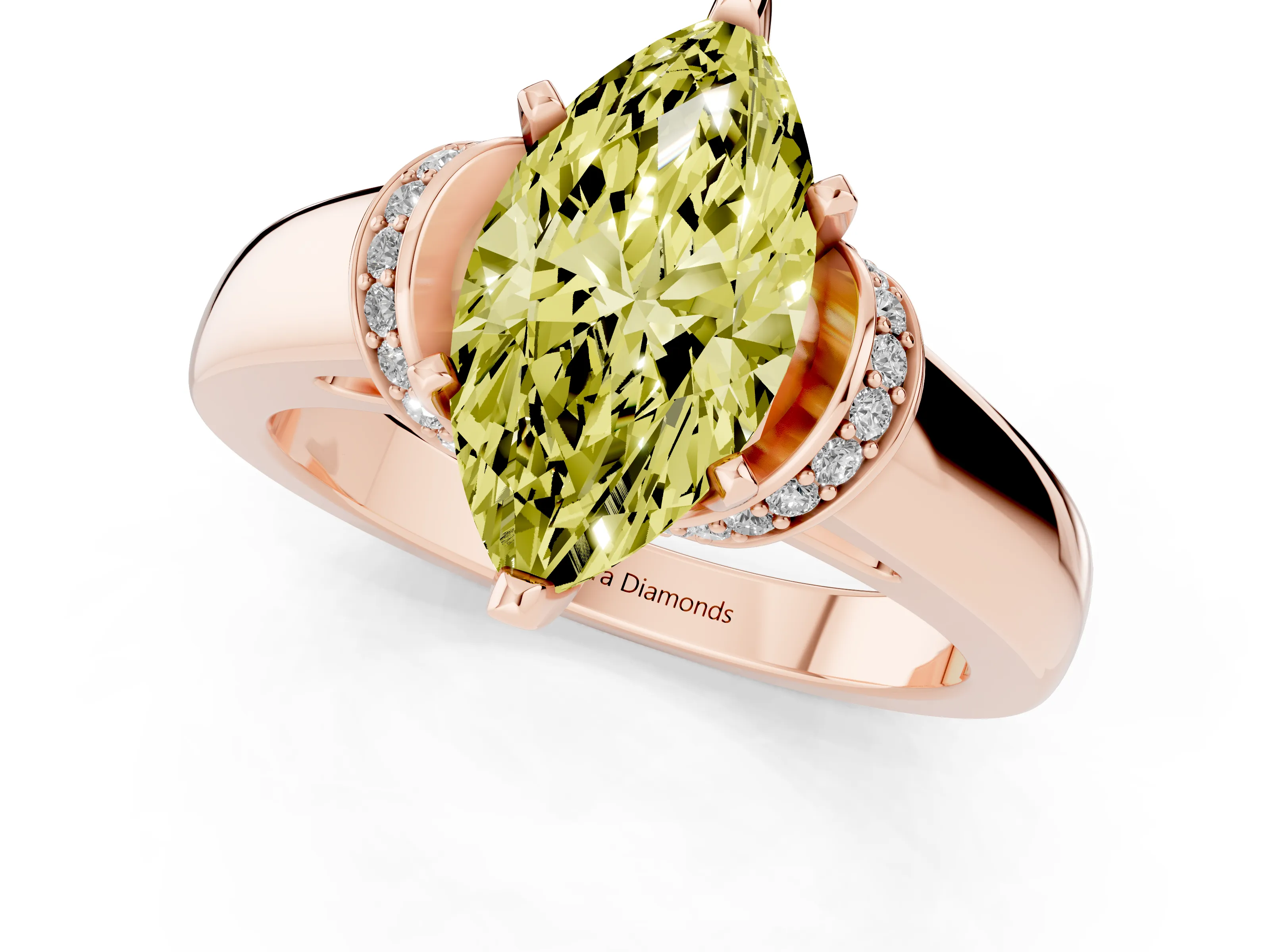Fancy Yellow Marquise Cut Diamond Pavé Band Solitaire Ring Set in Rose gold with Prong Setting