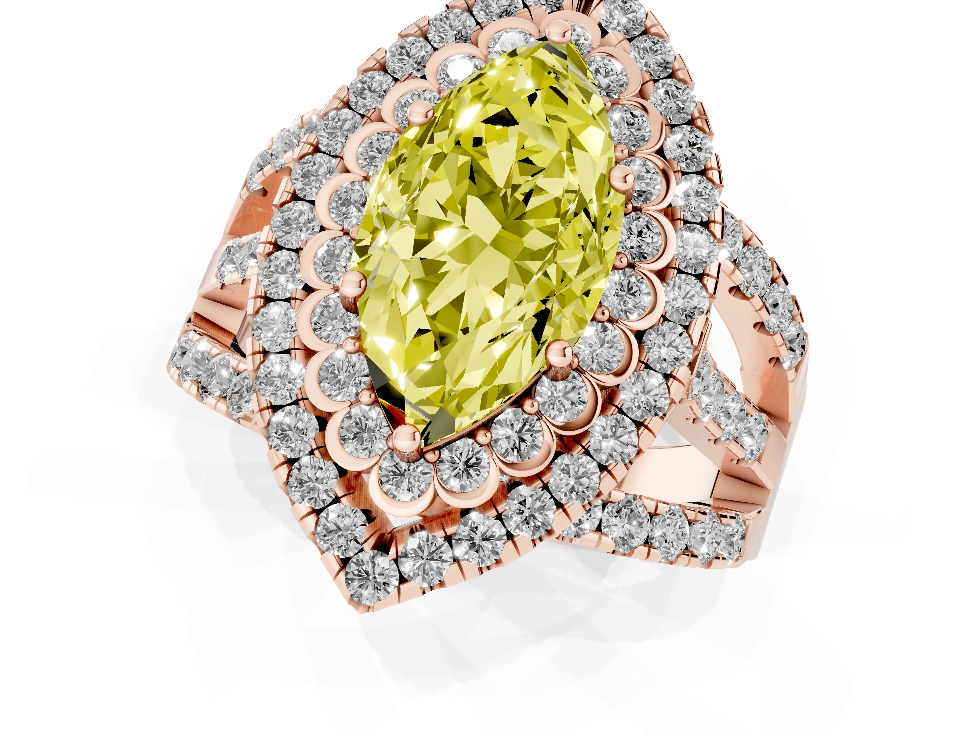 Fancy Yellow Marquise Cut Diamond Double Halo Ring Set in Rose gold with Round Pavé Split Shank