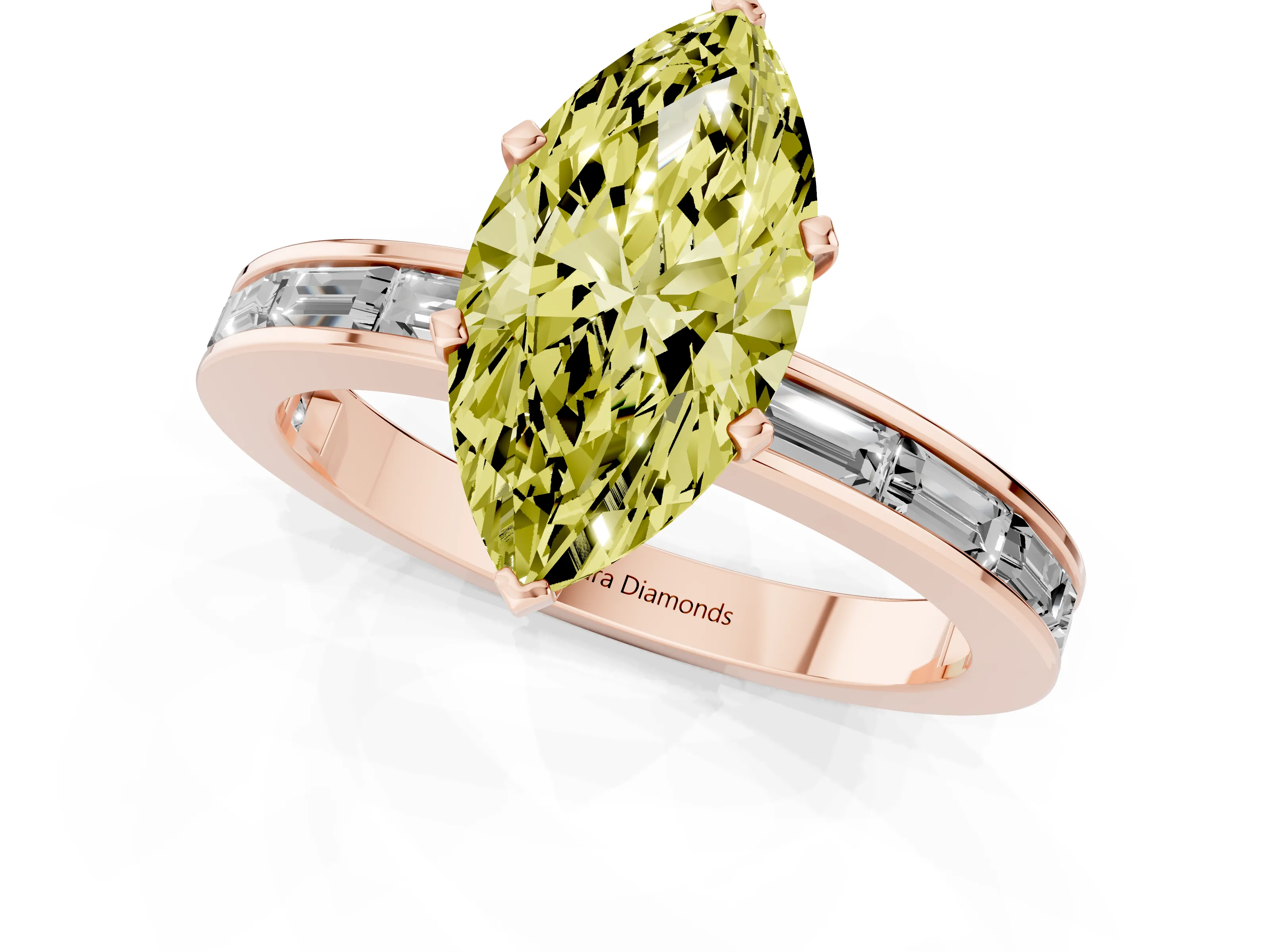 Fancy Yellow Marquise Cut Diamond Solitaire Ring Set in Rose gold with Channel-Set Baguette Band and Prong Setting